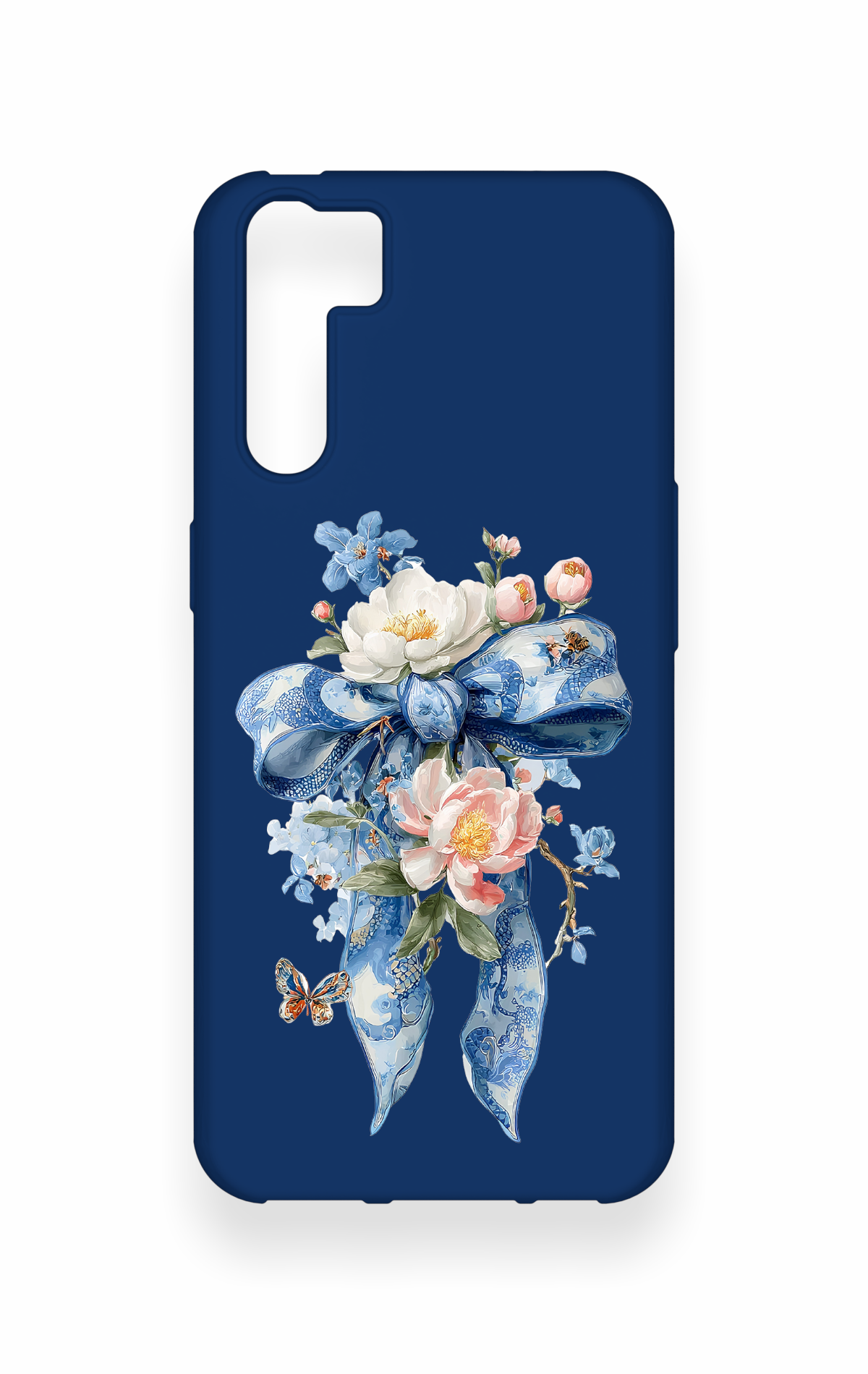 Oppo A91 Uyumlu Mavi Kurdeleli Çiçek Desenli Silikon Kılıf