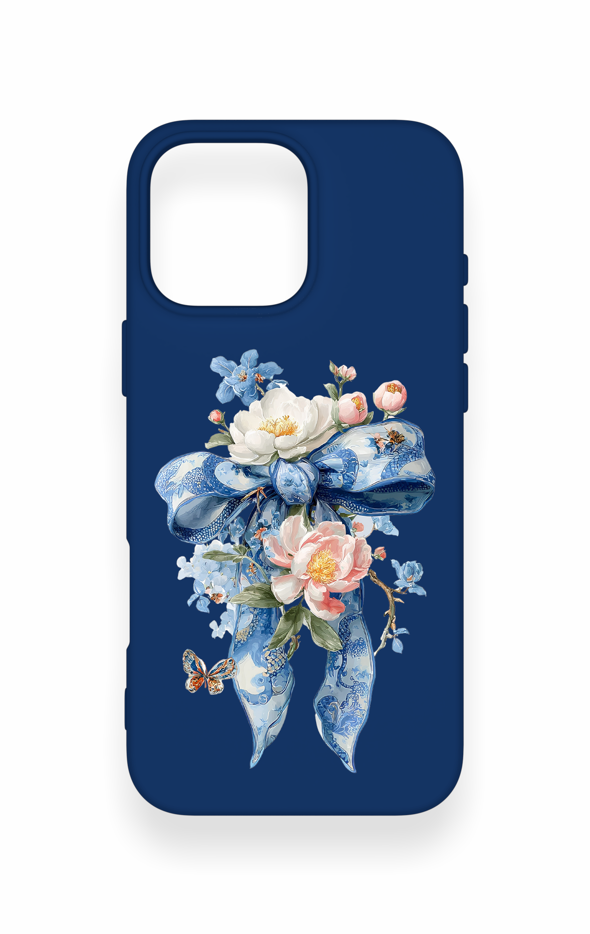 iPhone 16 Pro Max Uyumlu Mavi Kurdeleli Çiçek Desenli Silikon Kılıf