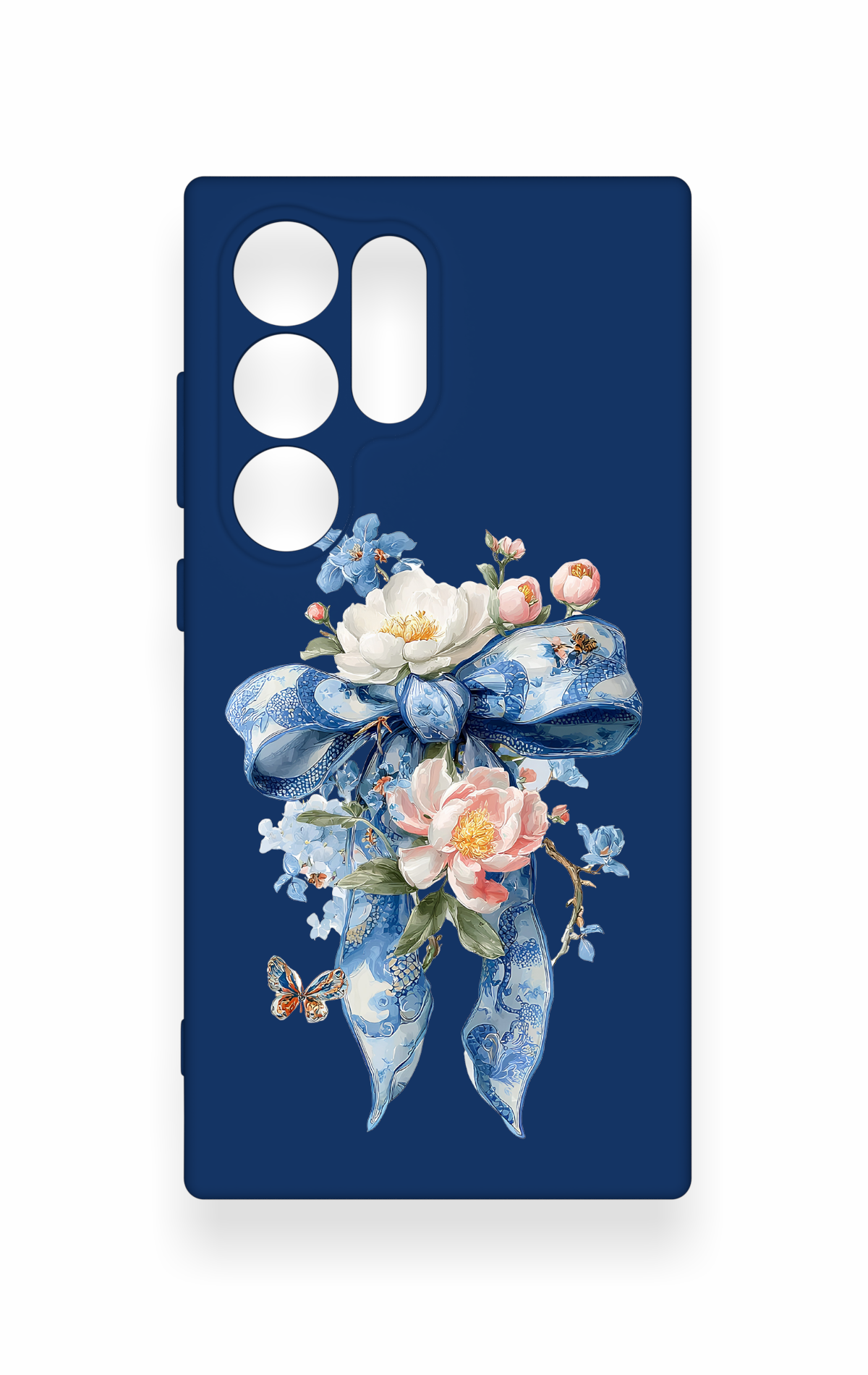 Samsung S24 Ultra Uyumlu Mavi Kurdeleli Çiçek Desenli Silikon Kılıf