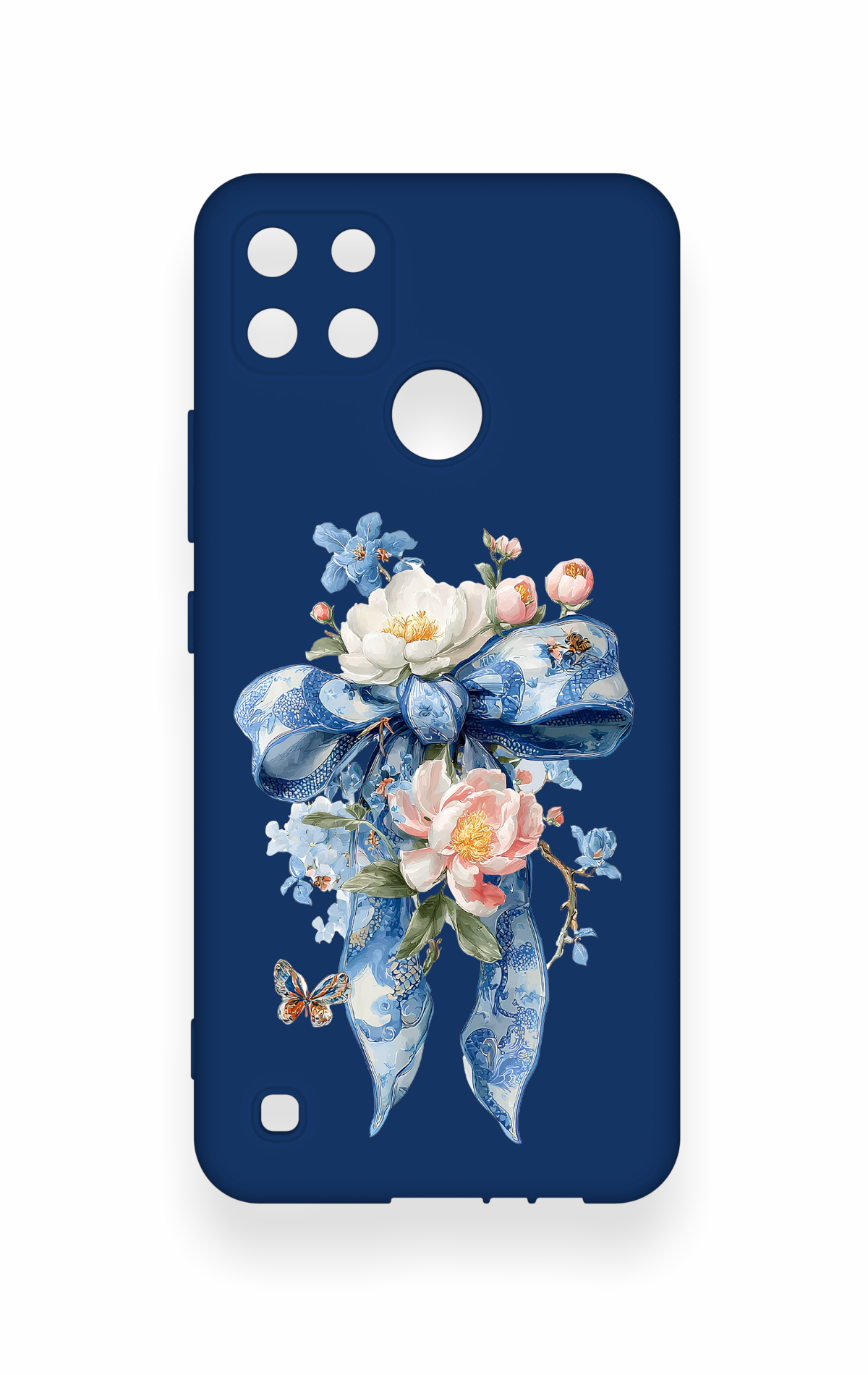 Realme C21Y Uyumlu Mavi Kurdeleli Çiçek Desenli Silikon Kılıf