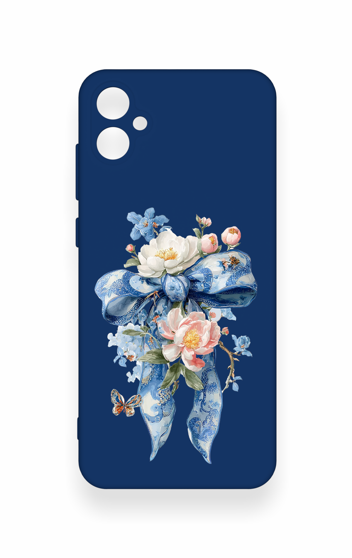 Samsung A05 Uyumlu Mavi Kurdeleli Çiçek Desenli Silikon Kılıf