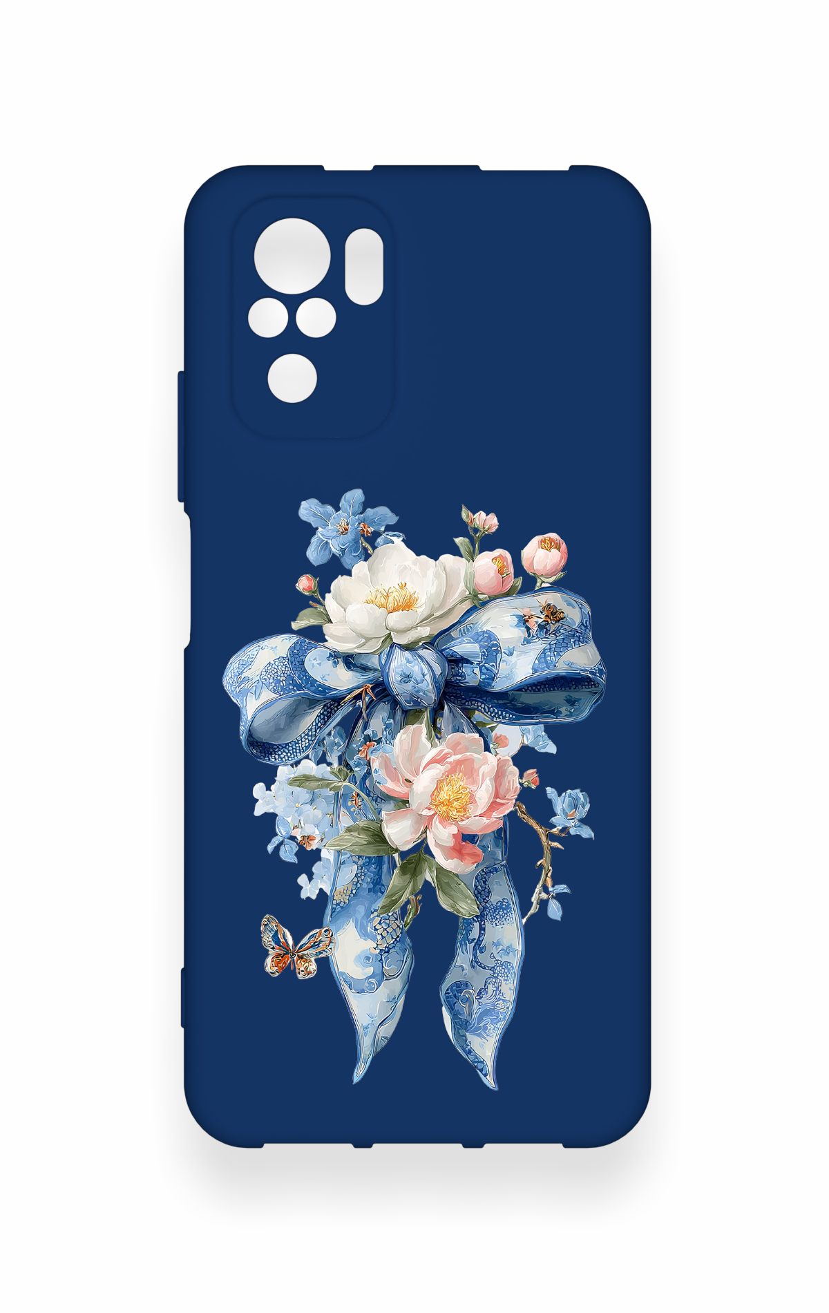 Redmi Note 10-10S Uyumlu Mavi Kurdeleli Çiçek Desenli Silikon Kılıf