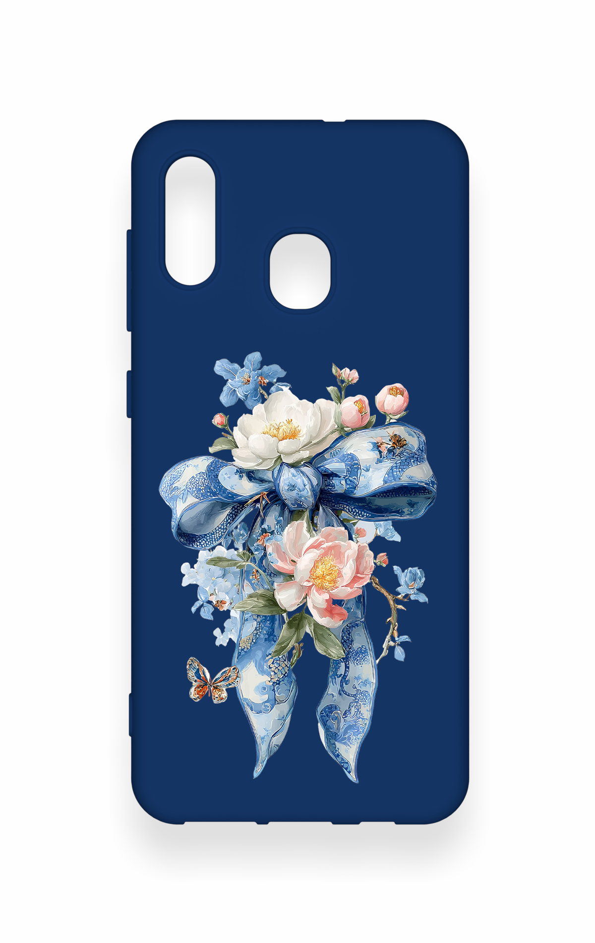 Samsung A20-A30 Uyumlu Mavi Kurdeleli Çiçek Desenli Silikon Kılıf