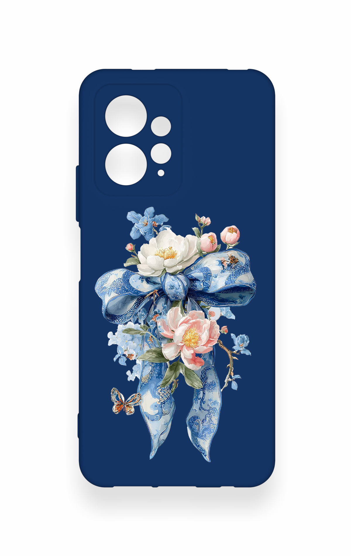 Redmi Note 12 4G Uyumlu Mavi Kurdeleli Çiçek Desenli Silikon Kılıf