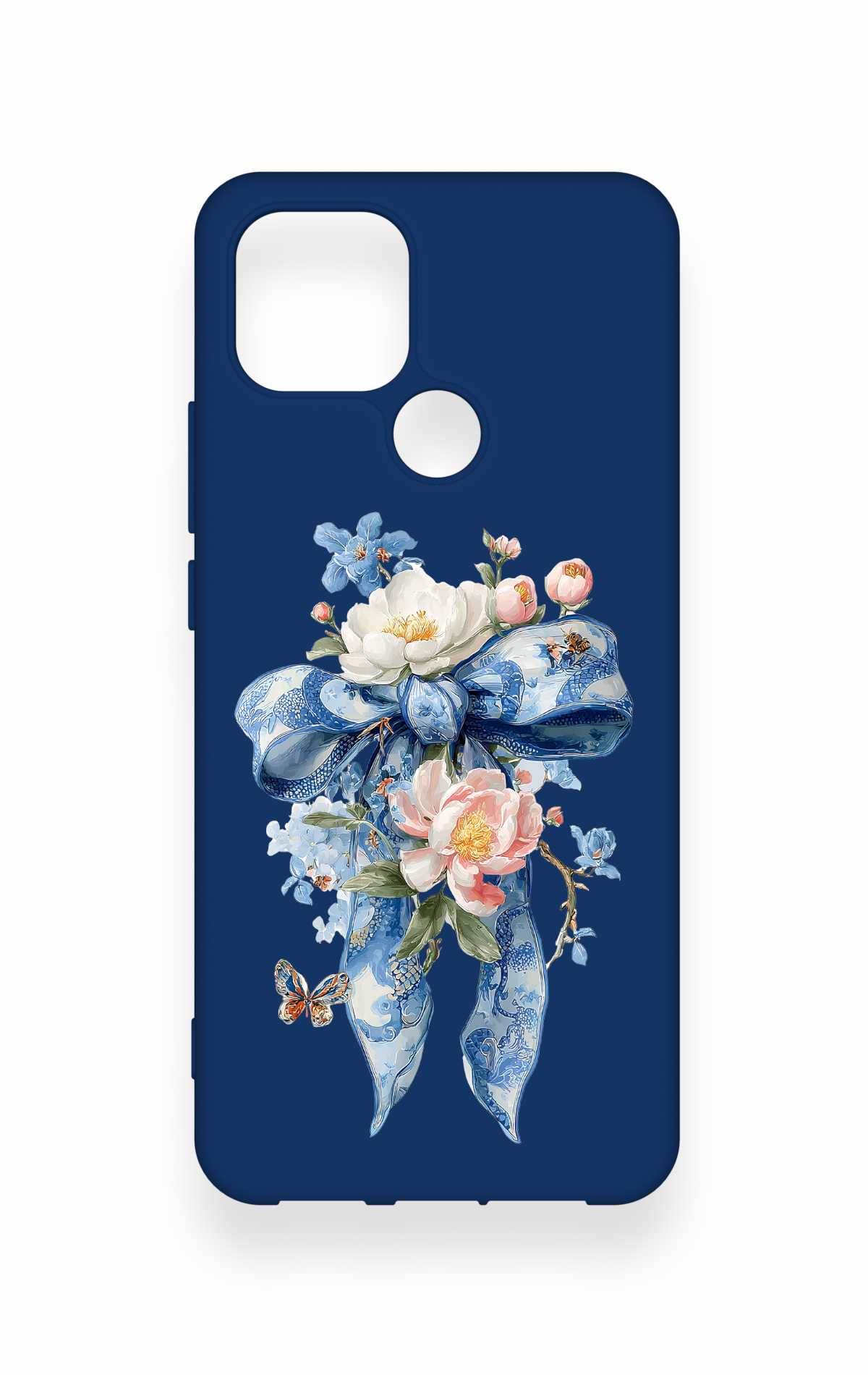 Oppo A15 Uyumlu Mavi Kurdeleli Çiçek Desenli Silikon Kılıf