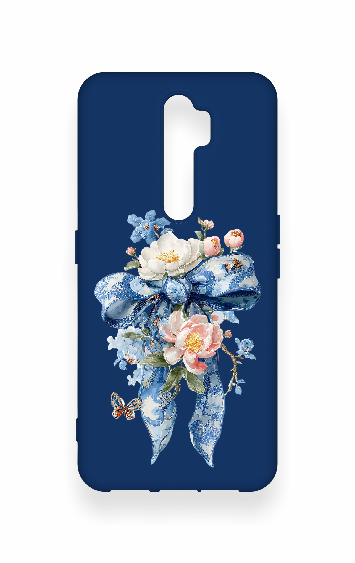 Oppo A5 2020 Uyumlu Mavi Kurdeleli Çiçek Desenli Silikon Kılıf