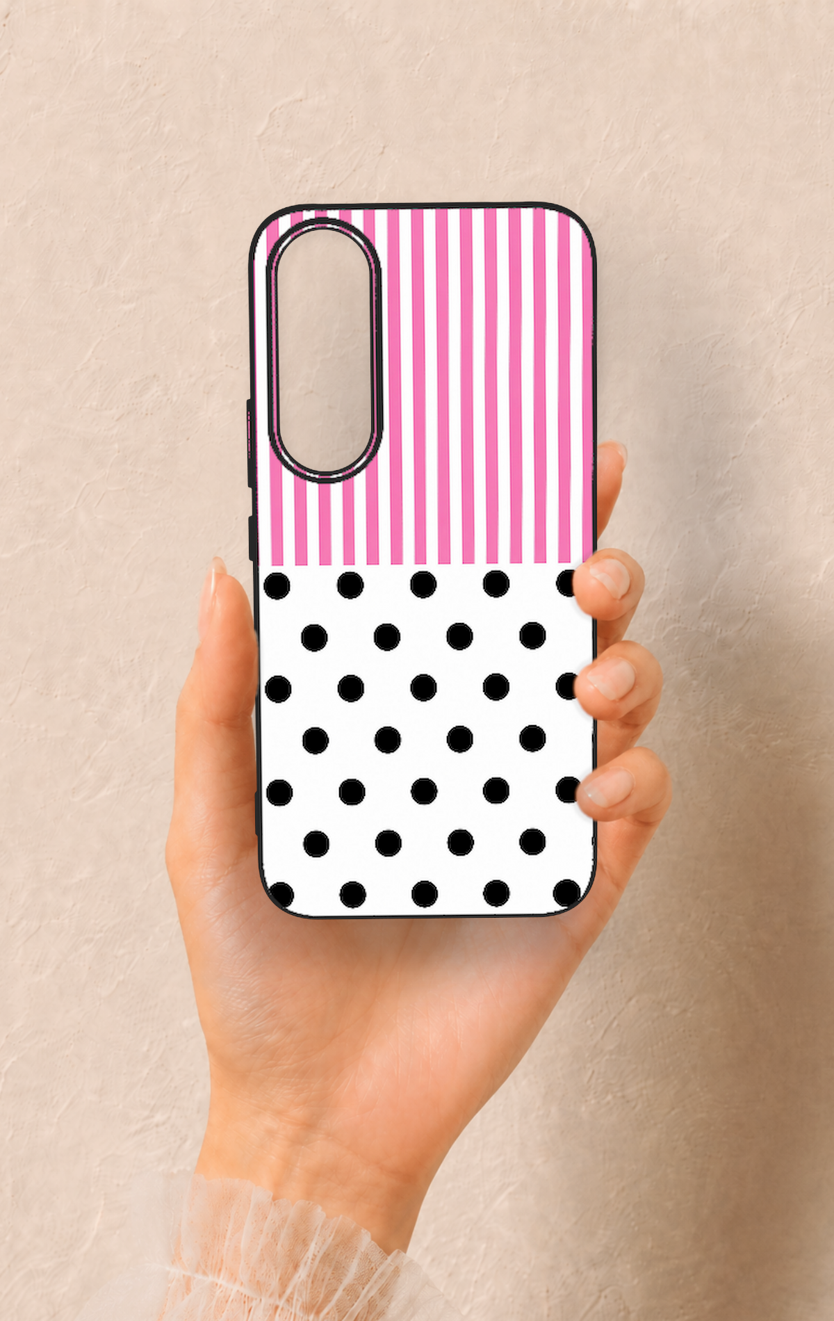 Vivo V70 FE 5G Uyumlu Pembe Çizgili Puantiye Desenli Silikon Kılıf