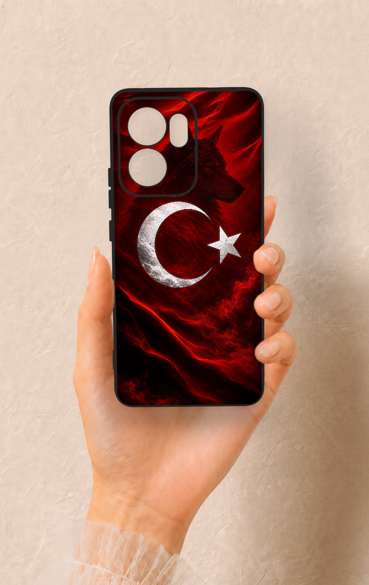 Oppo Reno 13F Uyumlu Kurt Türk Bayrağı Desenli Silikon Kılıf