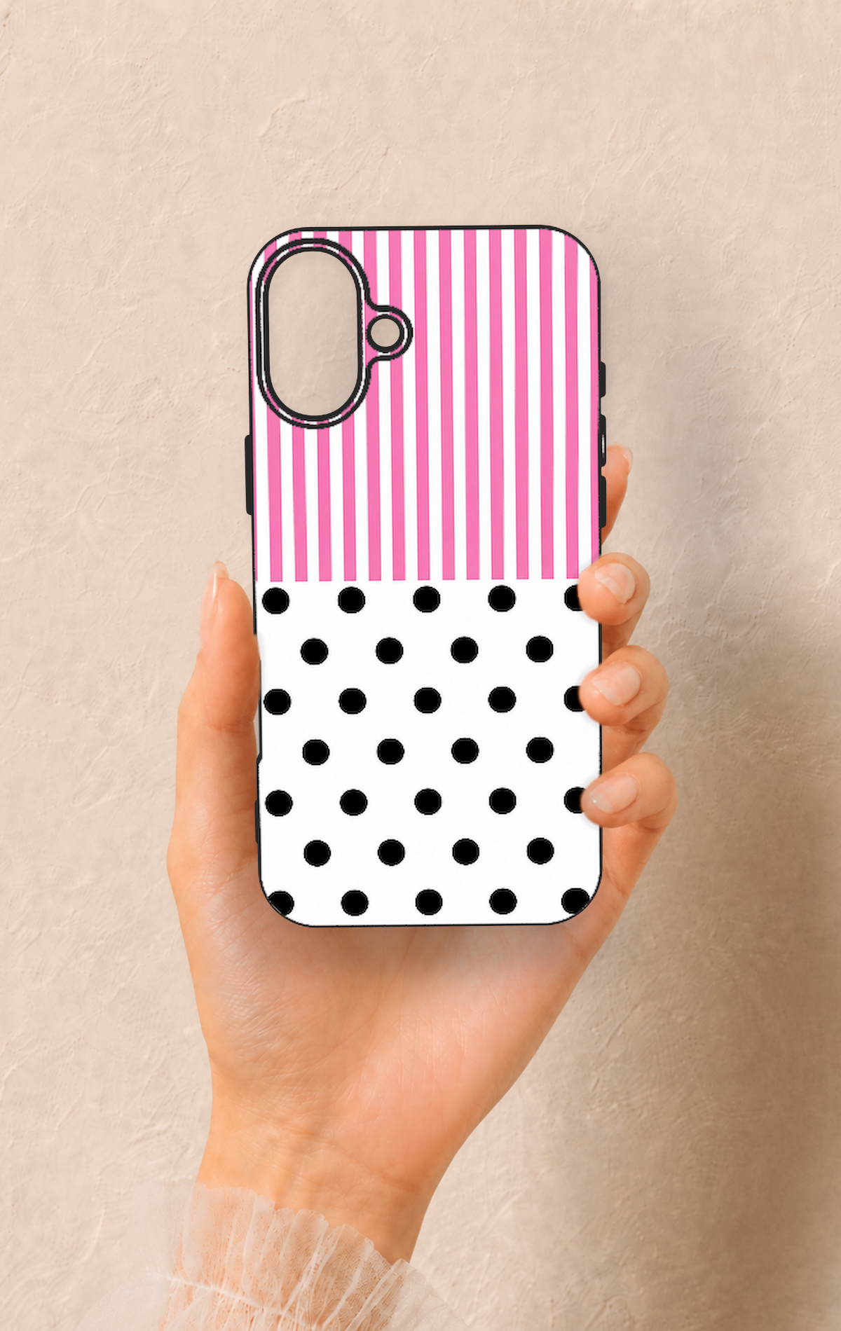 iPhone 16 Plus Uyumlu Pembe Çizgili Puantiye Desenli Silikon Kılıf