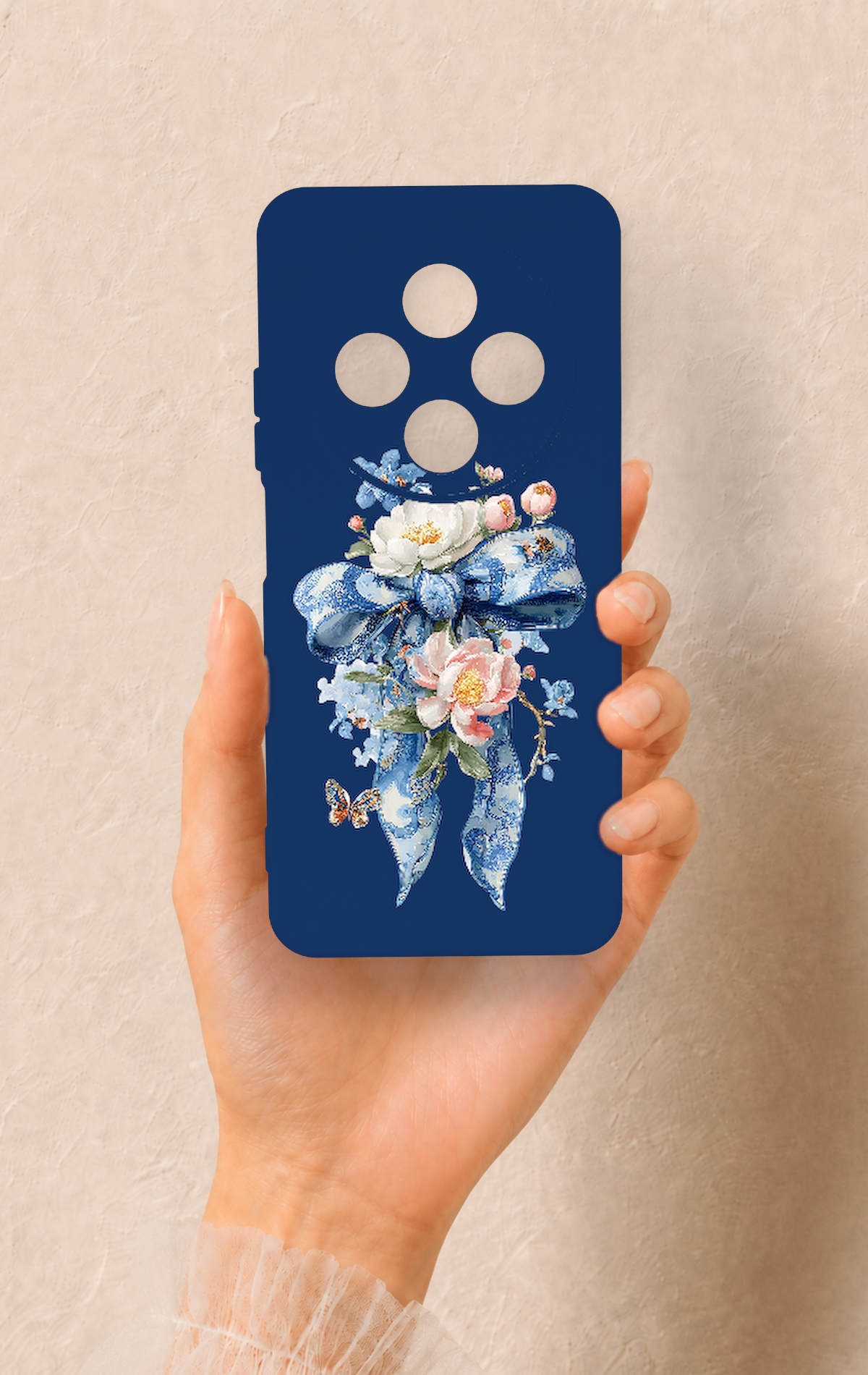 Redmi 14C Uyumlu Mavi Kurdeleli Çiçek Desenli Silikon Kılıf