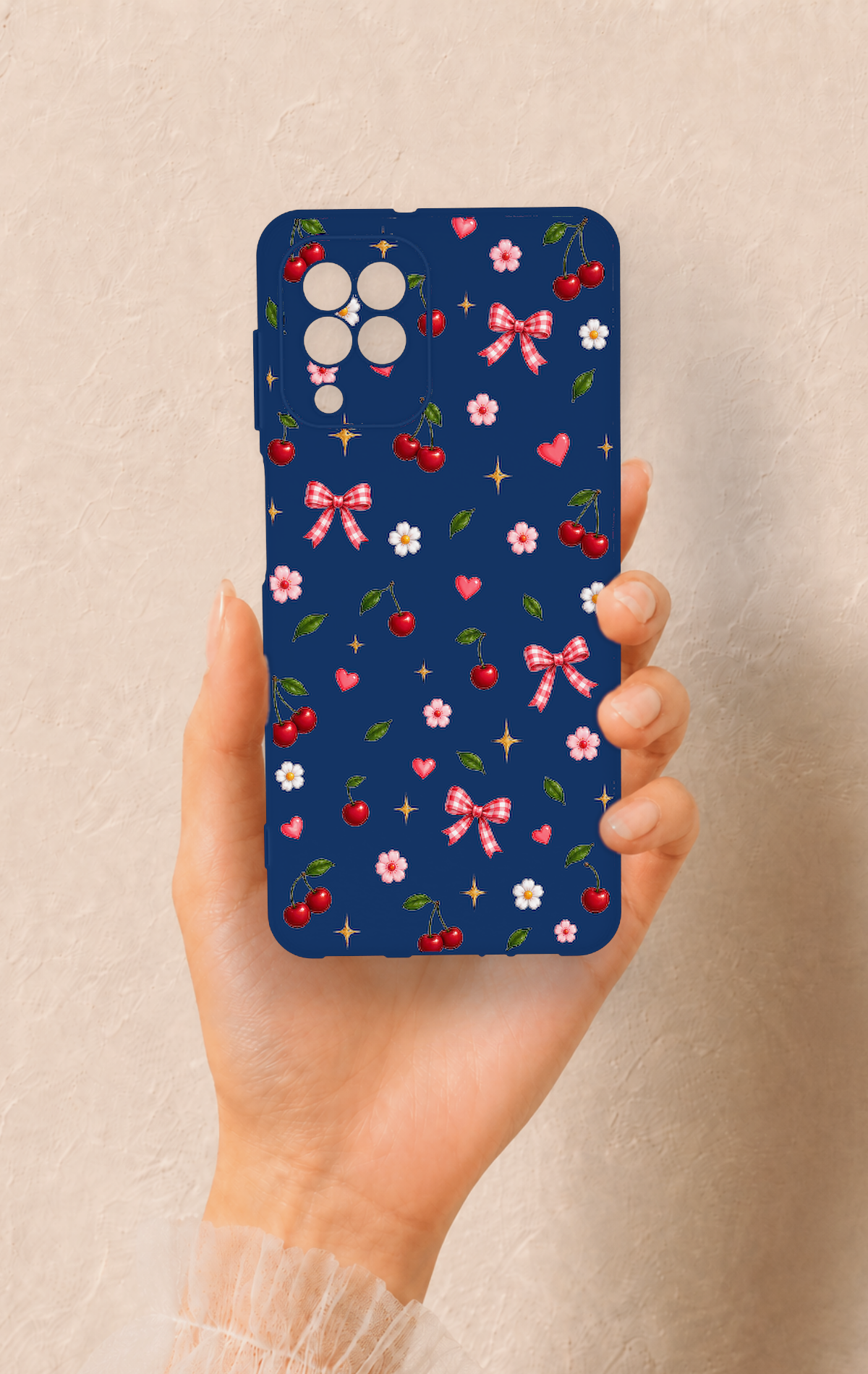 Samsung A22 Uyumlu Çiçek Kiraz Fiyonk Desenli Silikon Kılıf