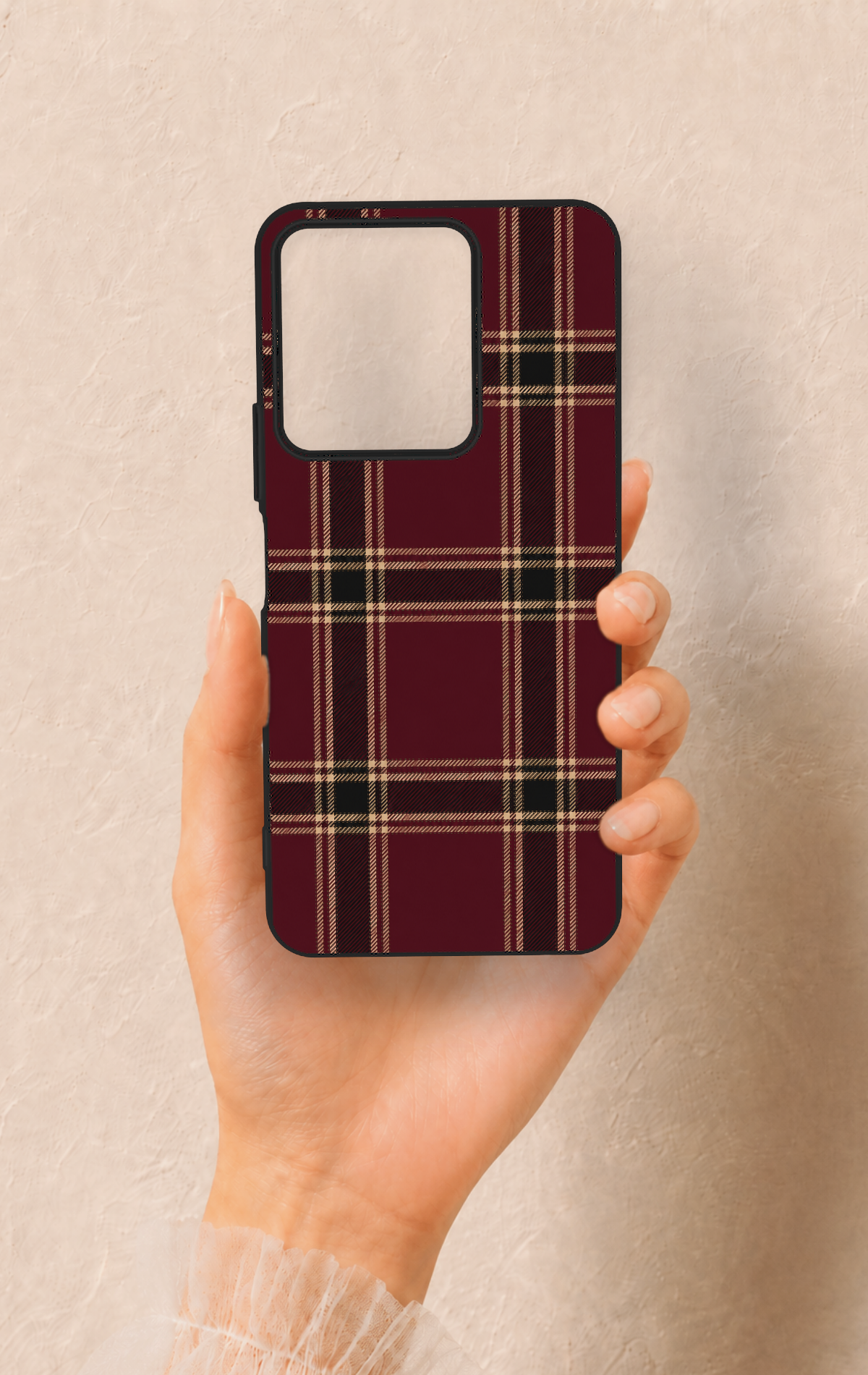 Vivo Y35 Uyumlu Bordo Siyah Ekose Desenli Silikon Kılıf