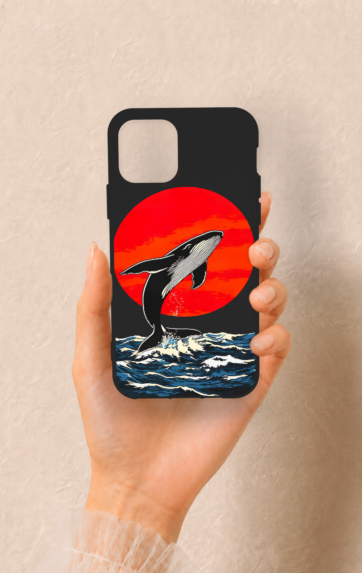 iPhone 11 Pro Uyumlu Kırmızı Güneş Balina Desenli Silikon Kılıf