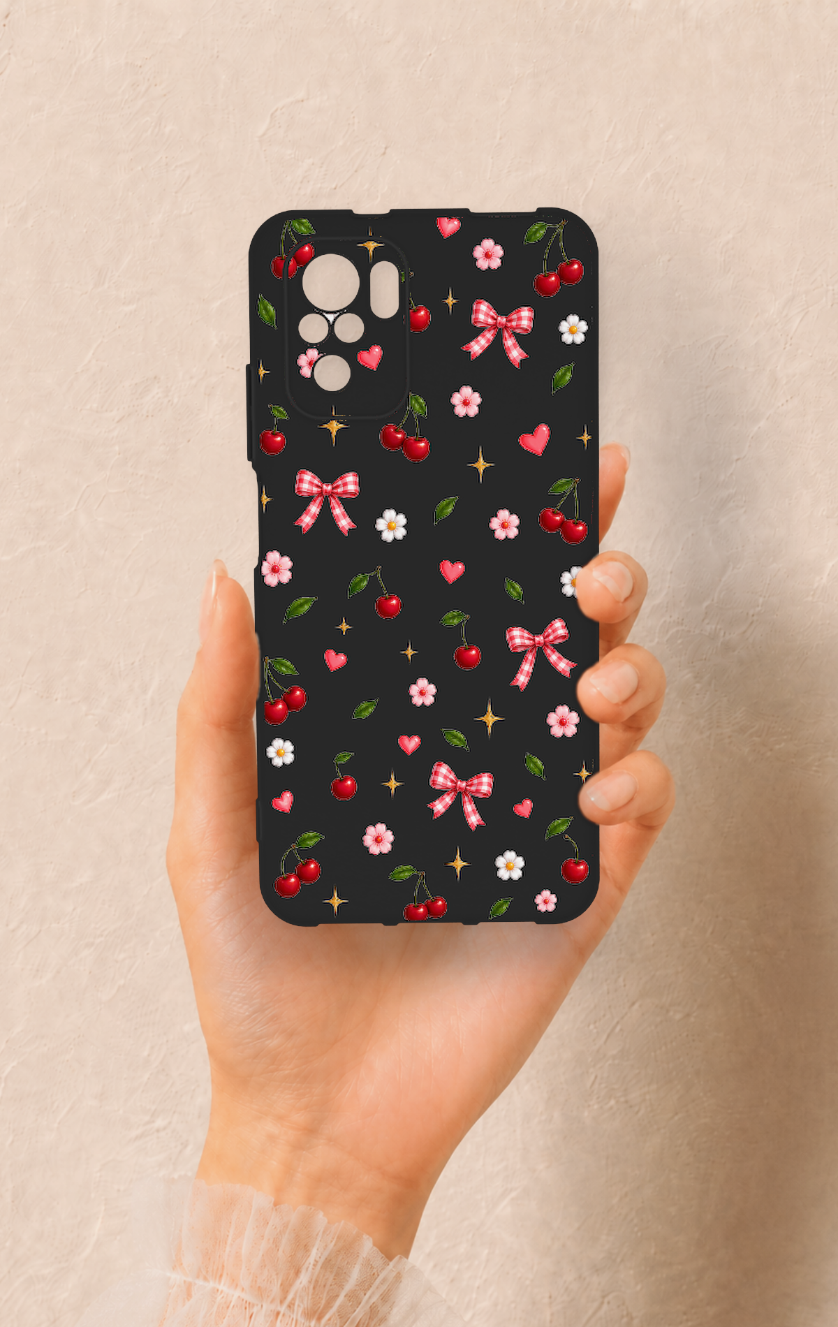 Redmi Note 10-10S Uyumlu Papatya Kiraz Fiyonk Desenli Silikon Kılıf