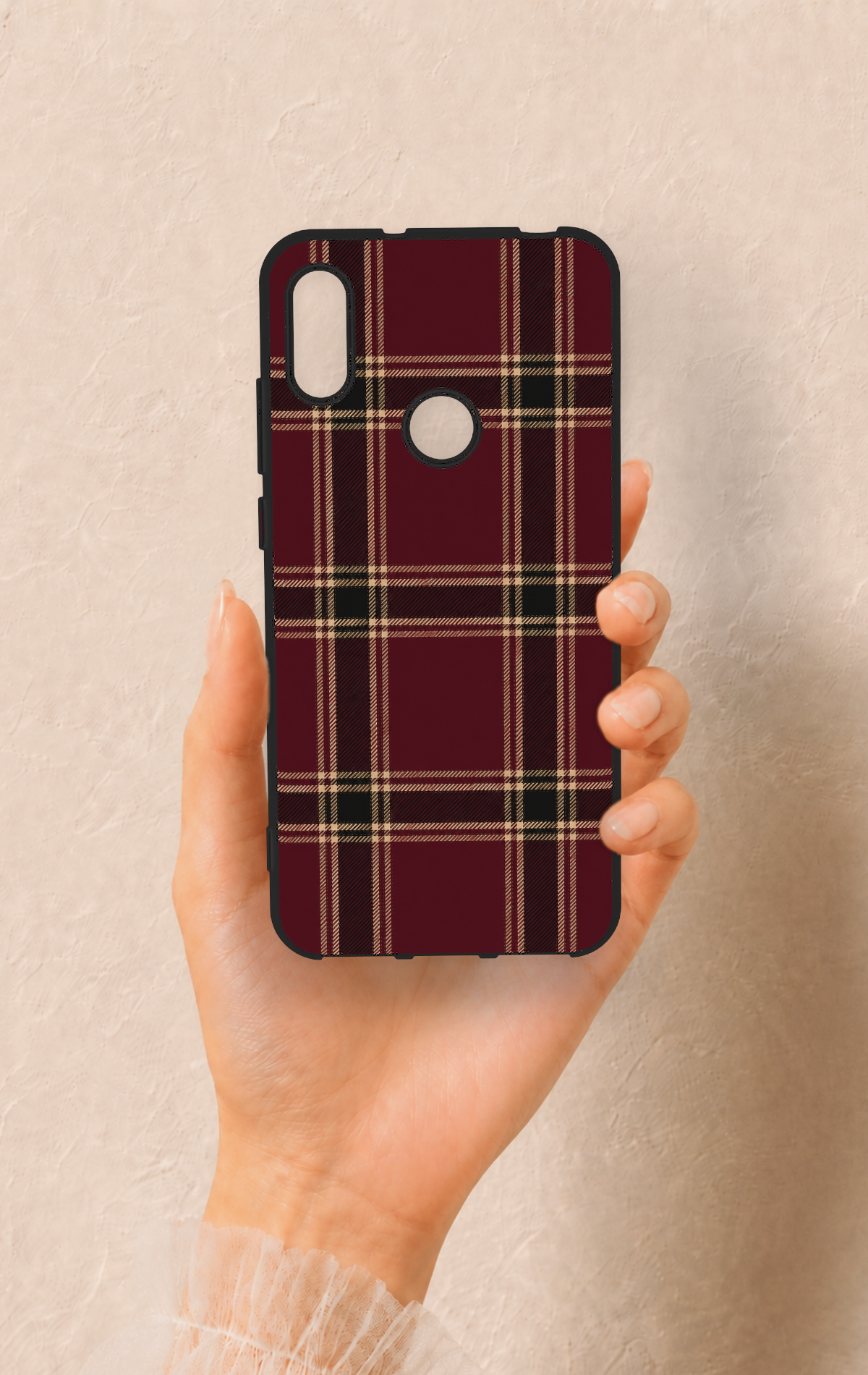 Huawei Y6 2019 Uyumlu Bordo Siyah Ekose Desenli Silikon Kılıf