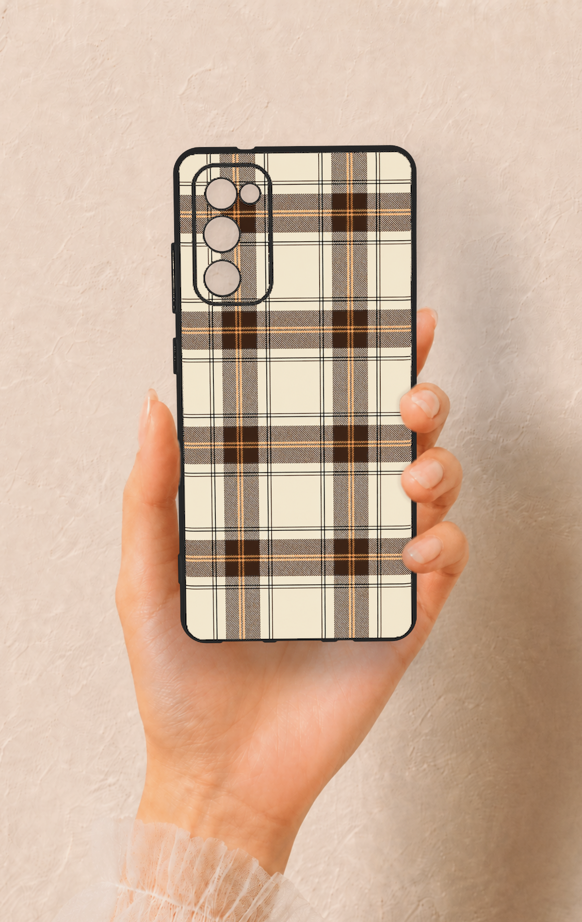 Samsung S20Fe Uyumlu Bej Kahverengi Ekose Desenli Silikon Kılıf