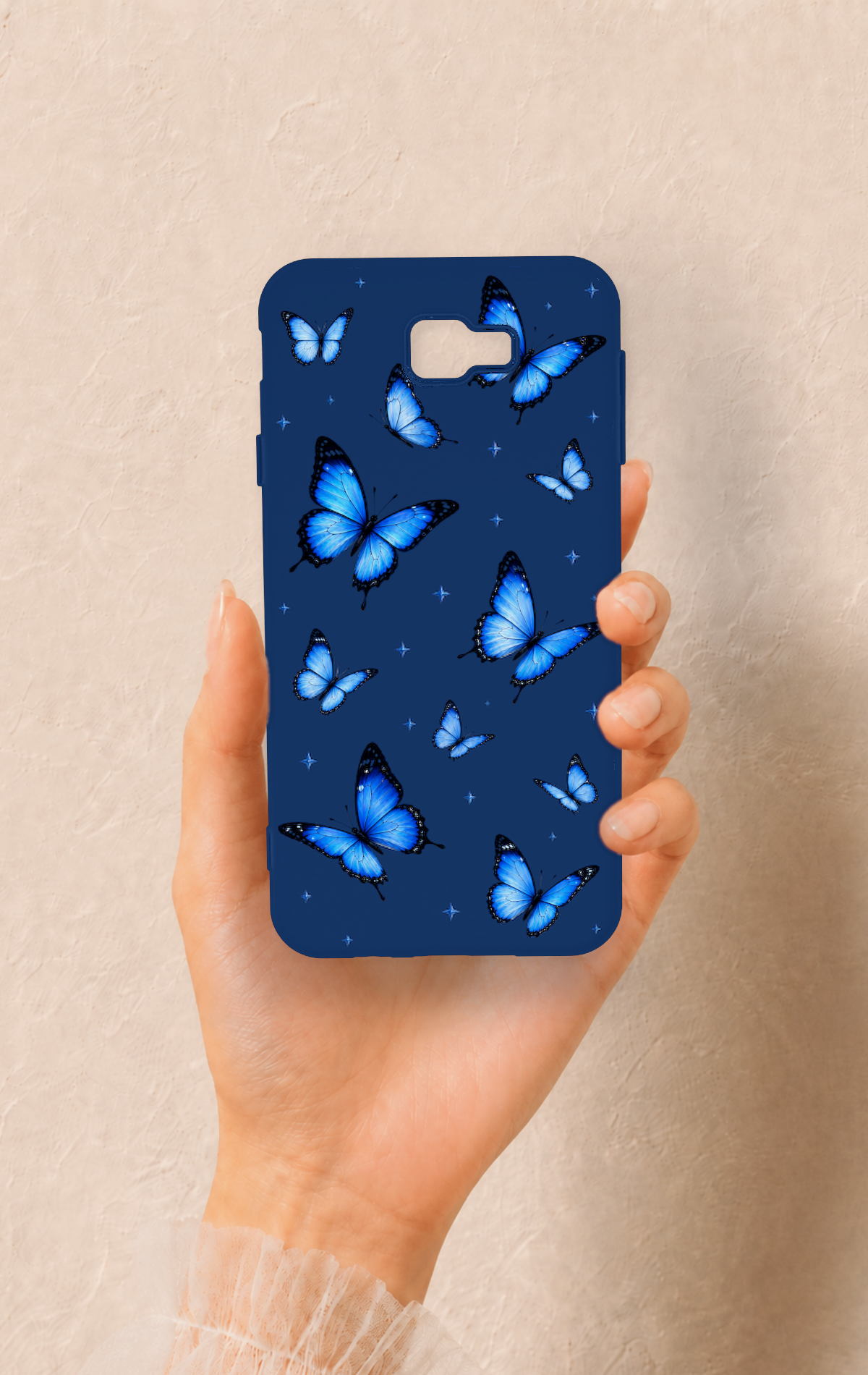 Samsung J7 Prime Uyumlu Parlak Mavi Kelebek Desenli Silikon Kılıf