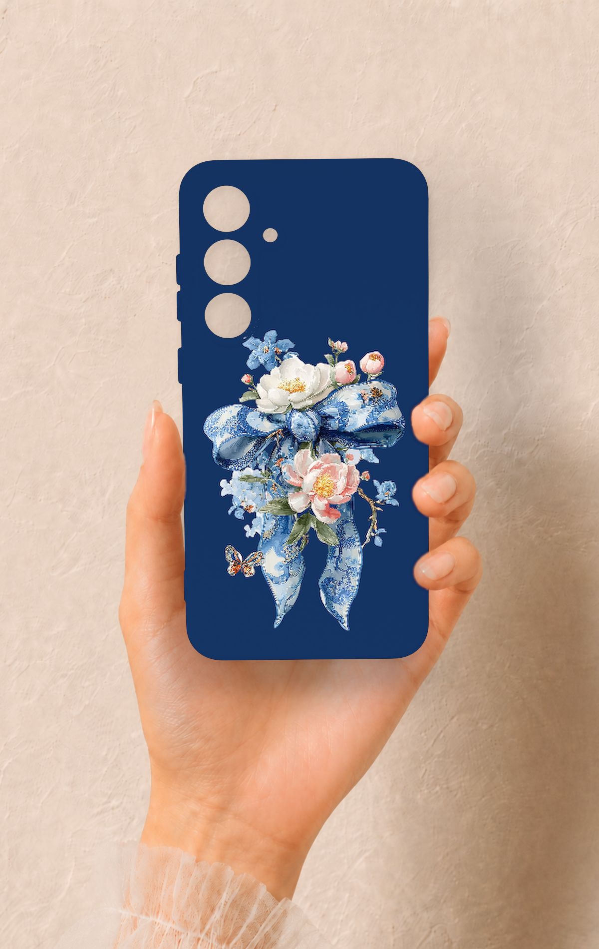 Samsung S24Fe Uyumlu Mavi Kurdeleli Çiçek Desenli Silikon Kılıf