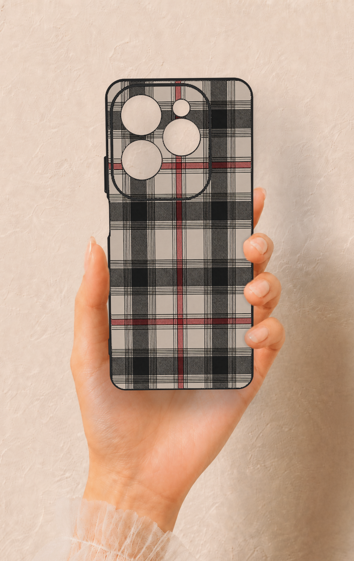 İnfinix Hot 40 Pro Uyumlu Siyah Kırmızı Ekose Desenli Silikon Kılıf