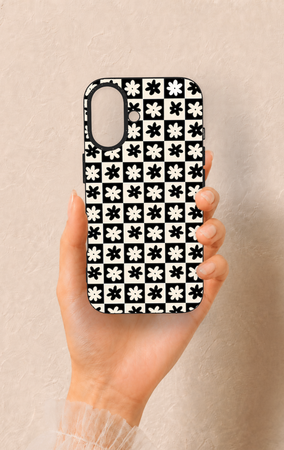 iPhone 16 Uyumlu Çiçek Motifli Dama Desenli Silikon Kılıf