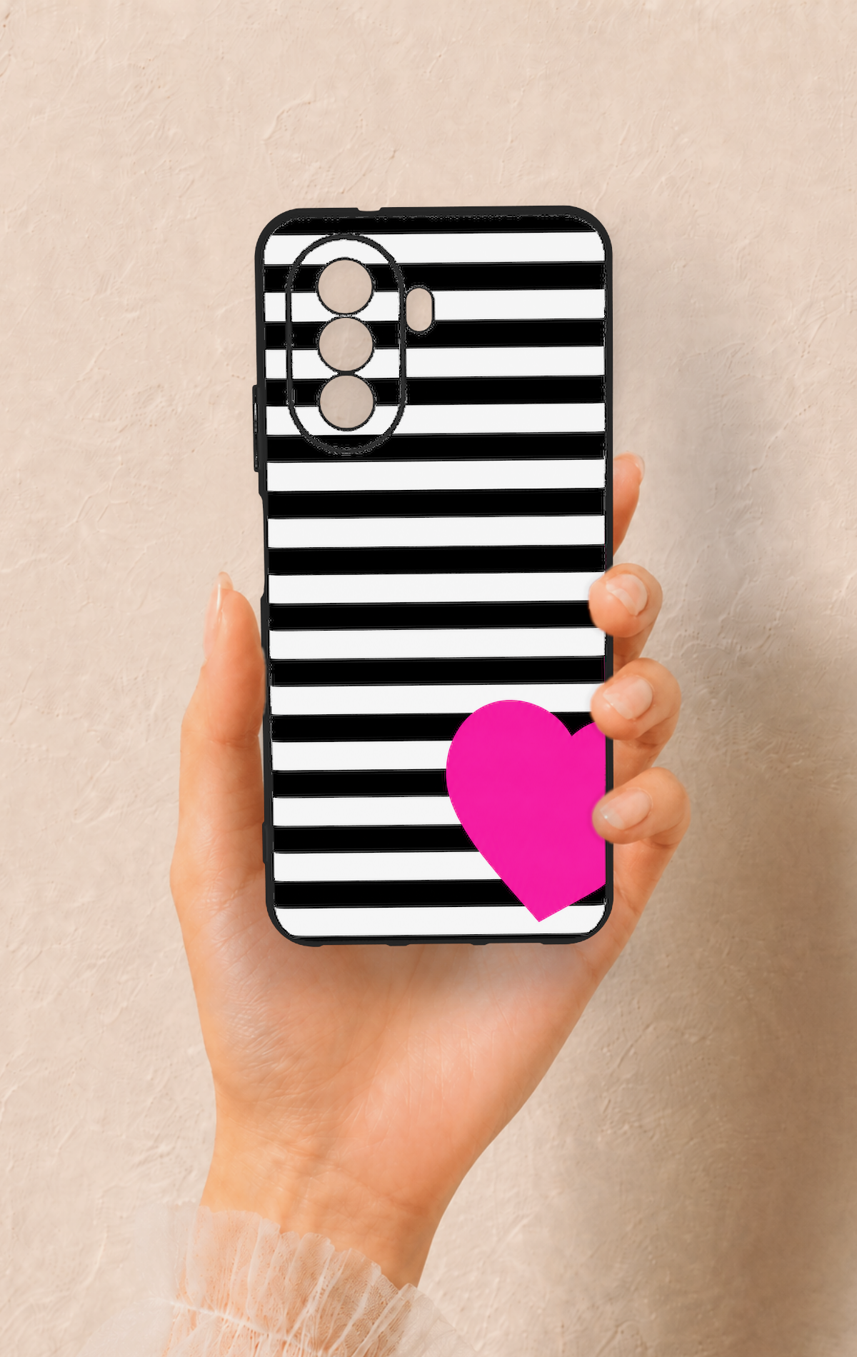 Huawei Nova Y70 Uyumlu Çizgili Kalp Desenli Silikon Kılıf