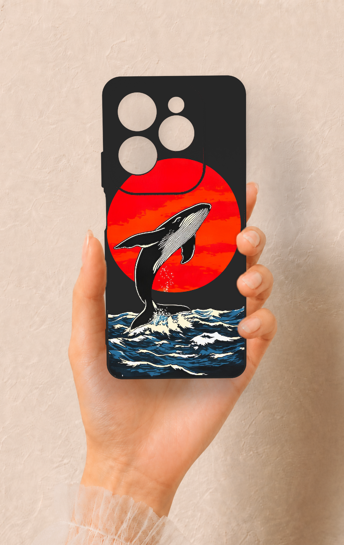 İnfinix Hot 40 Pro Uyumlu Kırmızı Güneş Balina Desenli Silikon Kılıf
