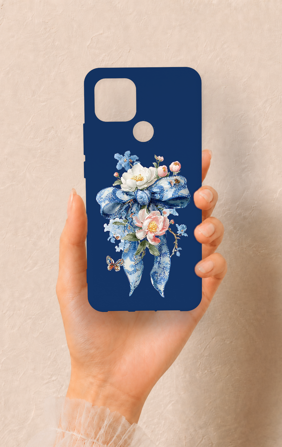 Oppo A15 Uyumlu Mavi Kurdeleli Çiçek Desenli Silikon Kılıf