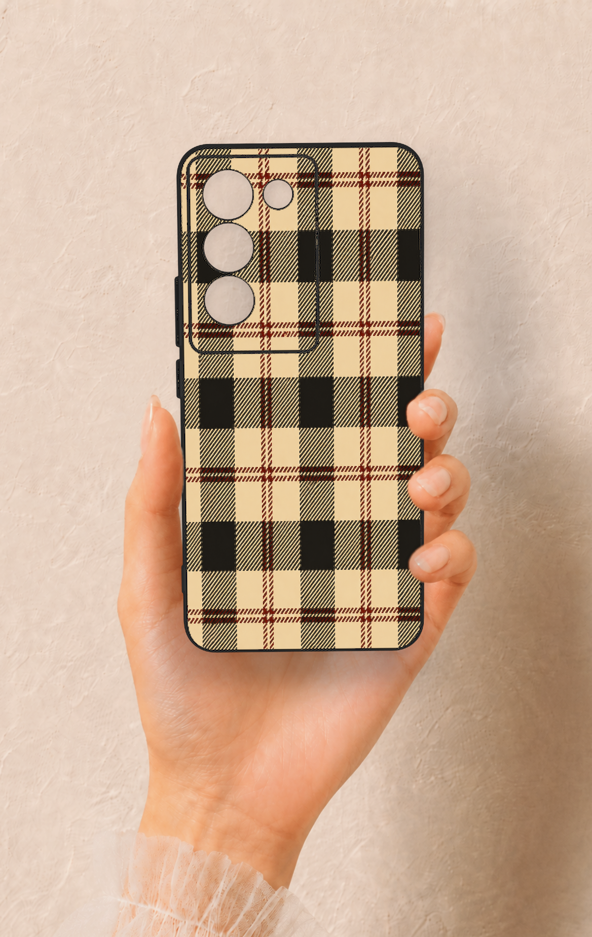 Vivo V30 Lite Uyumlu Krem Ekose Desenli Silikon Kılıf