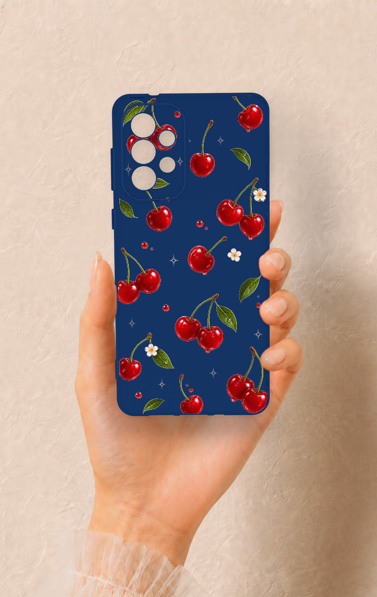 Samsung-A73 Uyumlu Kiraz Papatya Desenli Silikon Kılıf
