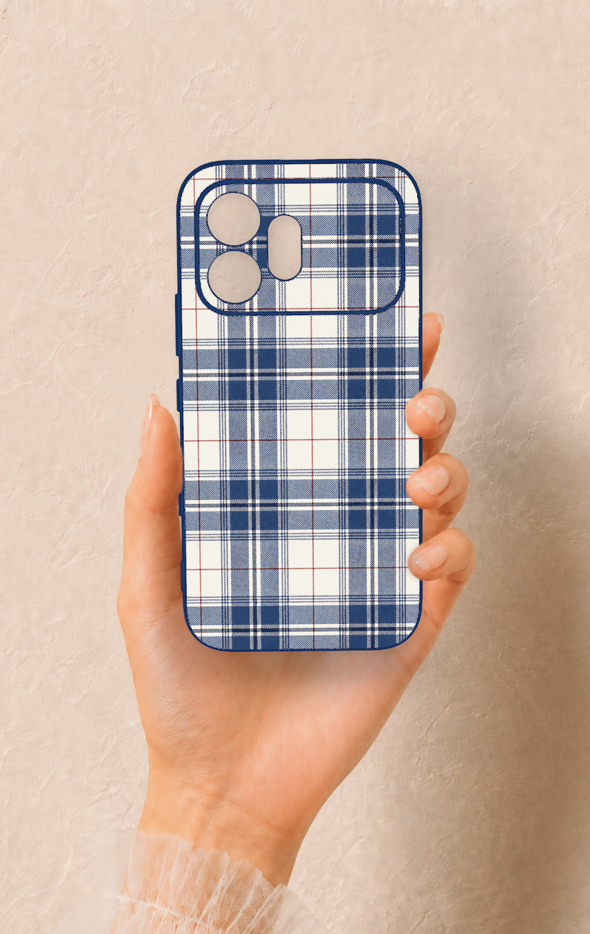 Honor 600 Uyumlu Bej Lacivert Ekose Desenli Silikon Kılıf