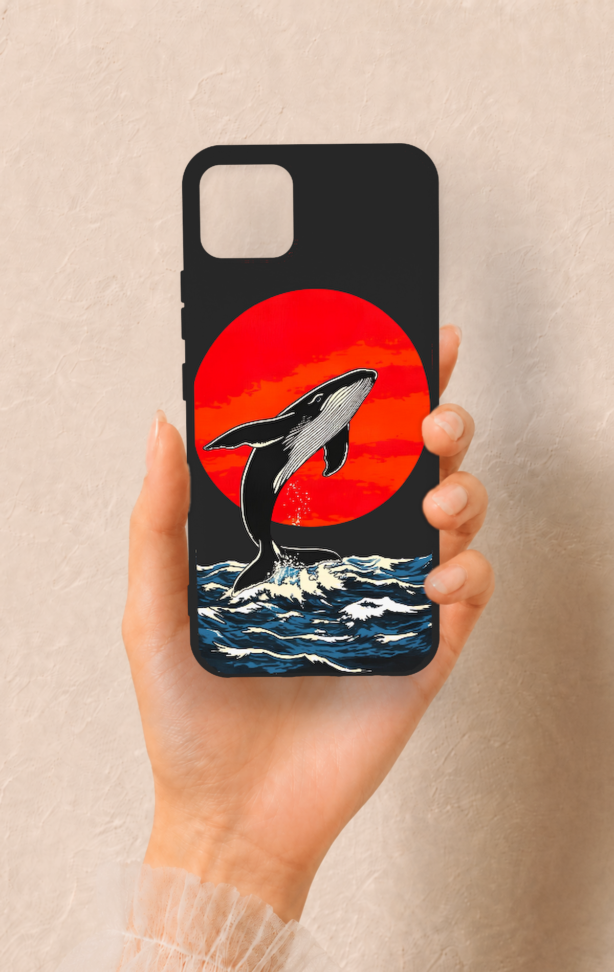 Realme C11 2021 Uyumlu Kırmızı Güneş Balina Desenli Silikon Kılıf