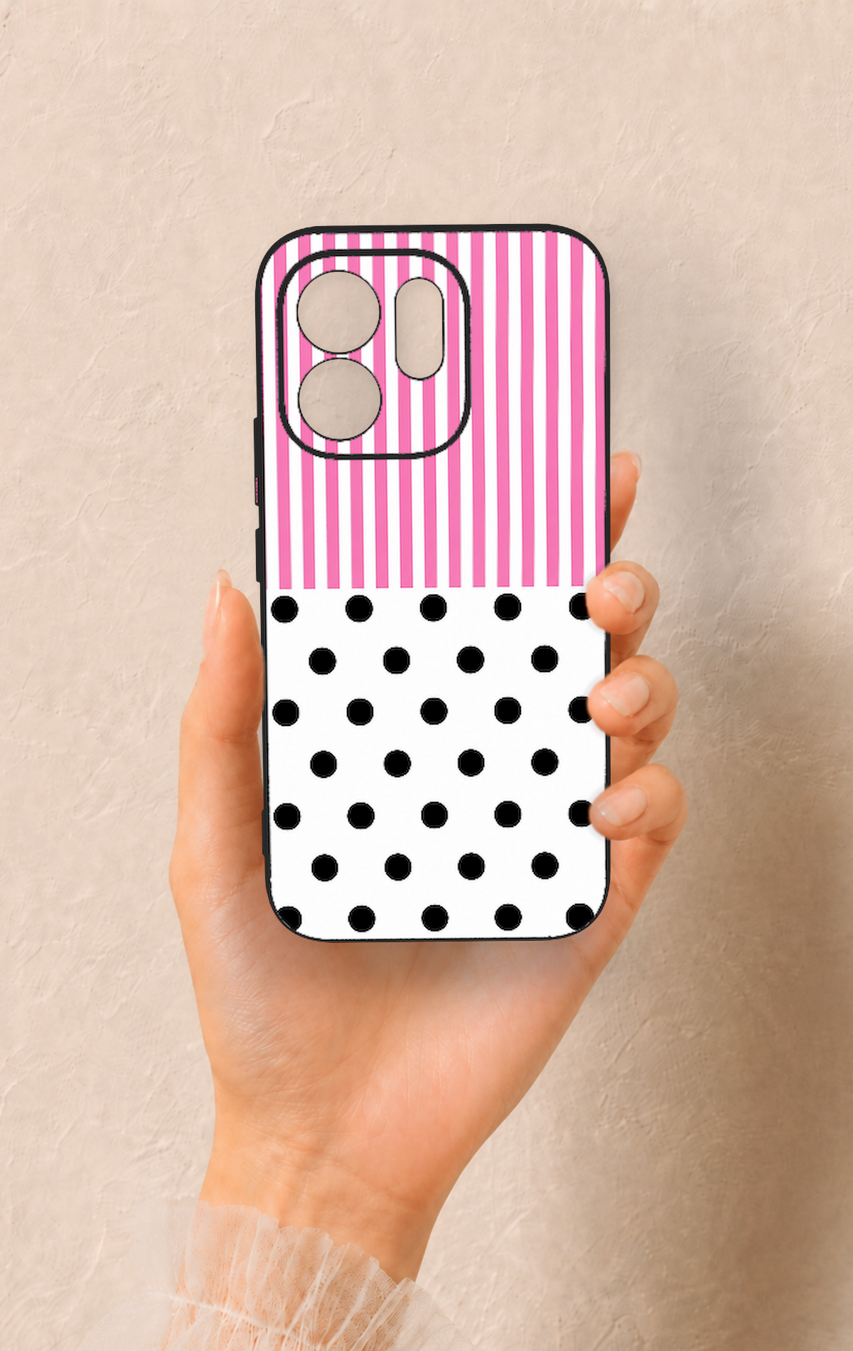 Vivo V70 5G Uyumlu Pembe Çizgili Puantiye Desenli Silikon Kılıf