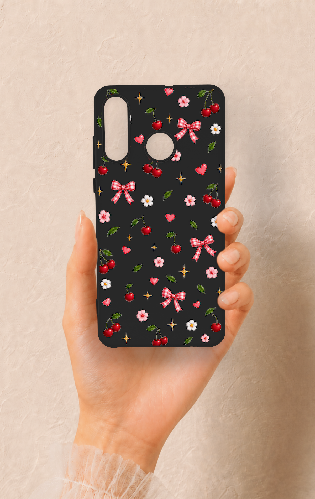 Huawei P30 Lite Uyumlu Papatya Kiraz Fiyonk Desenli Silikon Kılıf