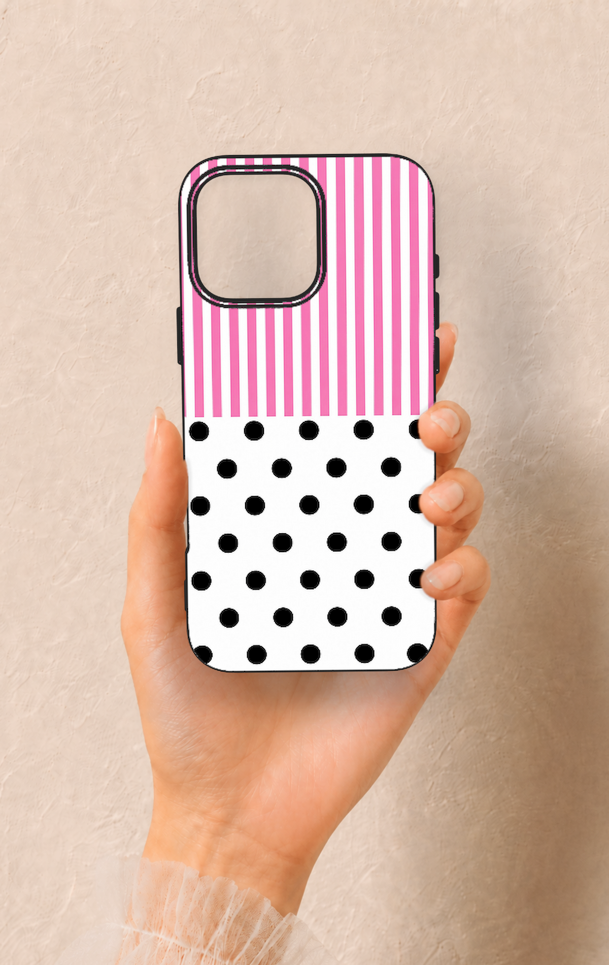 iPhone 16 Pro Max Uyumlu Pembe Çizgili Puantiye Desenli Silikon Kılıf