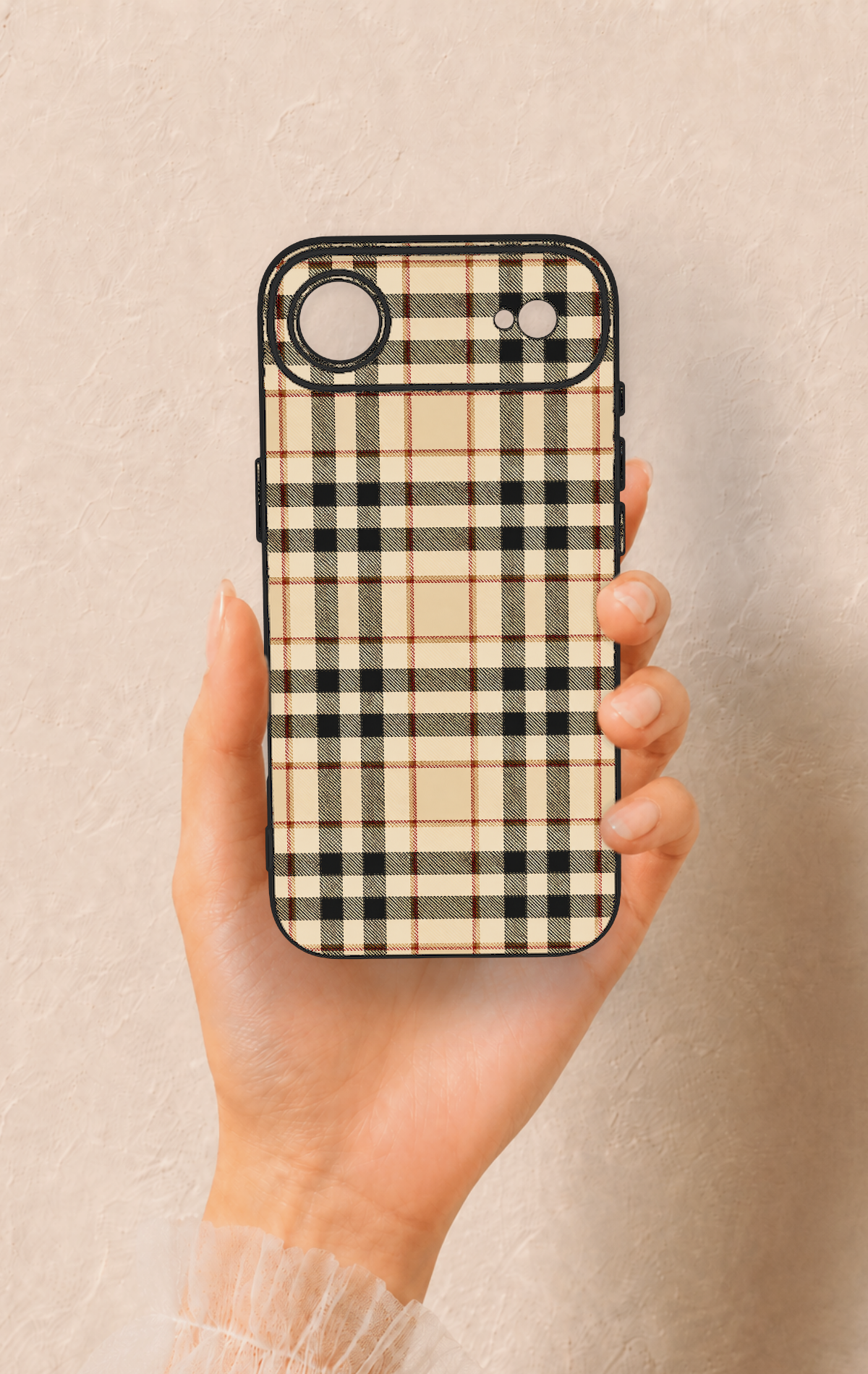 iPhone 17 Air Uyumlu Karamel Siyah Ekose Desenli Silikon Kılıf
