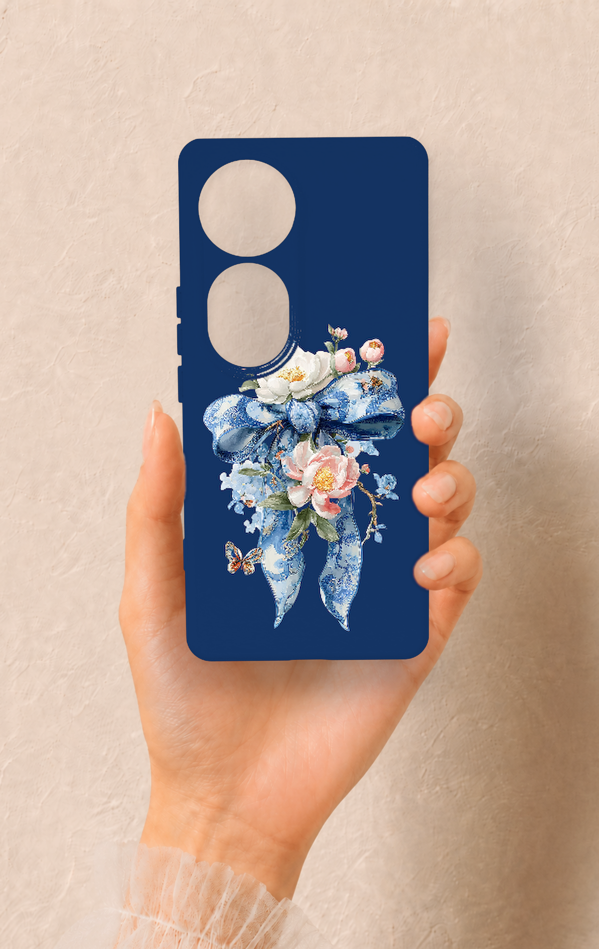 Vivo V40 Uyumlu Mavi Kurdeleli Çiçek Desenli Silikon Kılıf