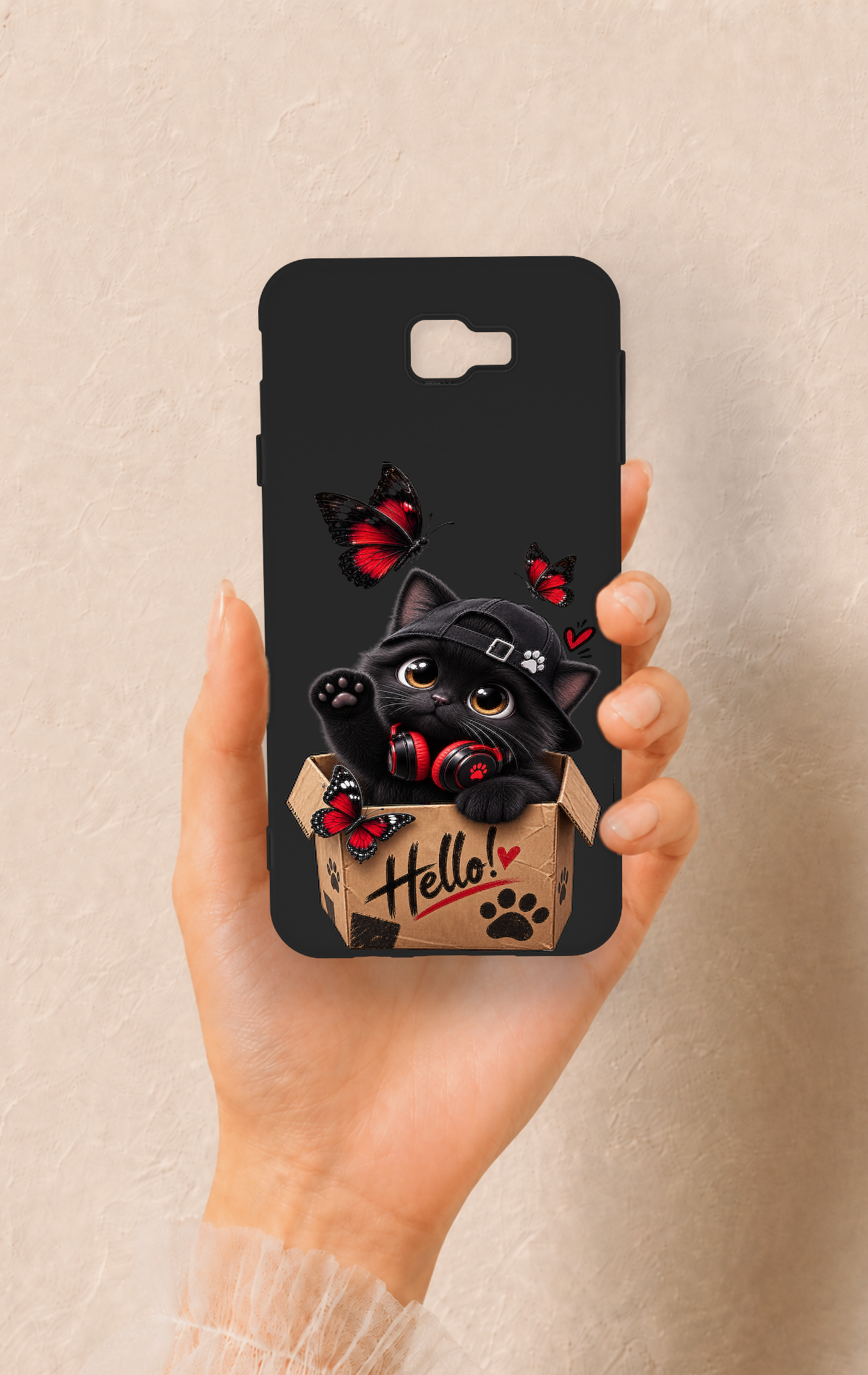 Samsung J7 Prime Uyumlu Hello Cat Desenli Silikon Kılıf