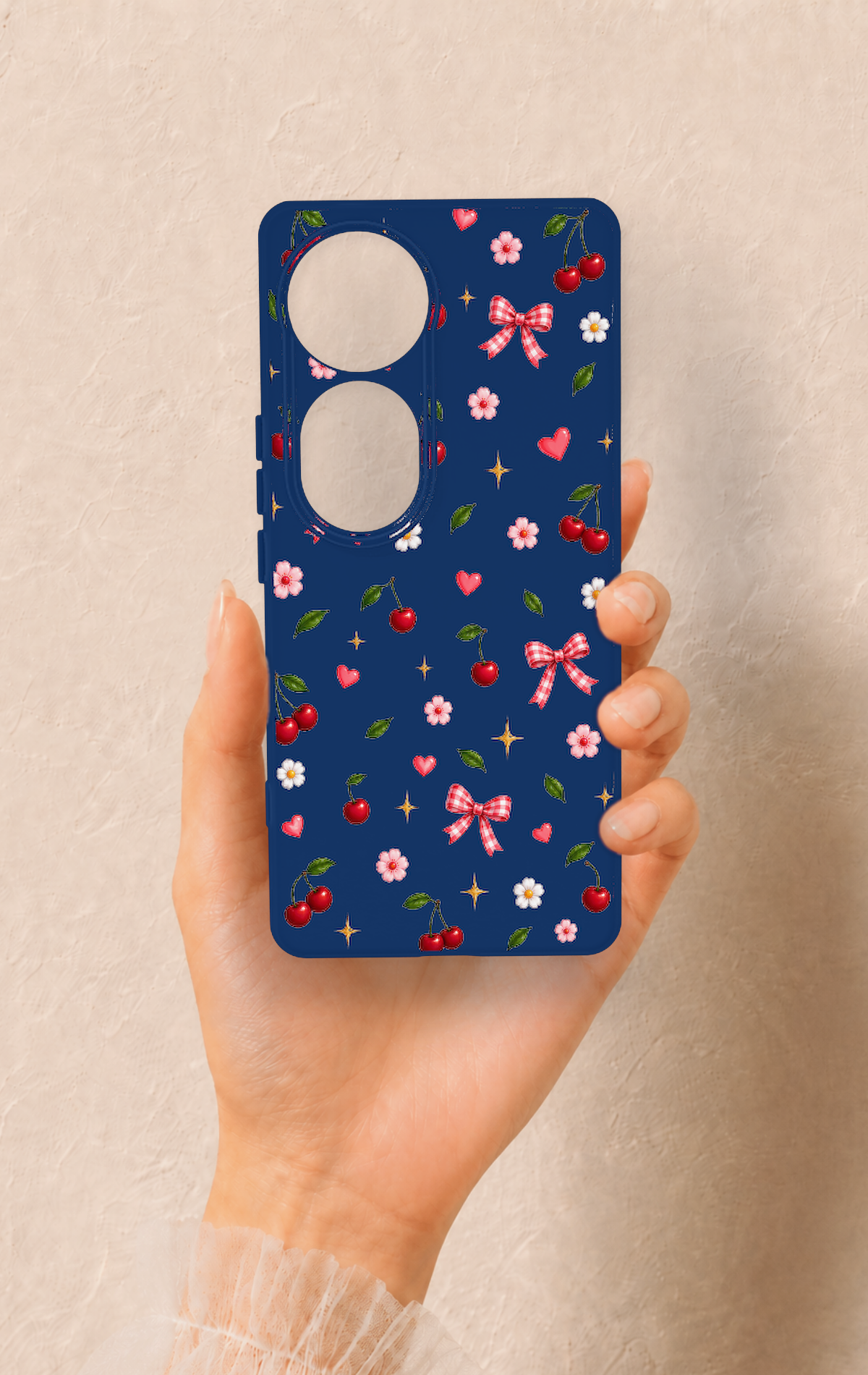 Vivo V40 Uyumlu Çiçek Kiraz Fiyonk Desenli Silikon Kılıf