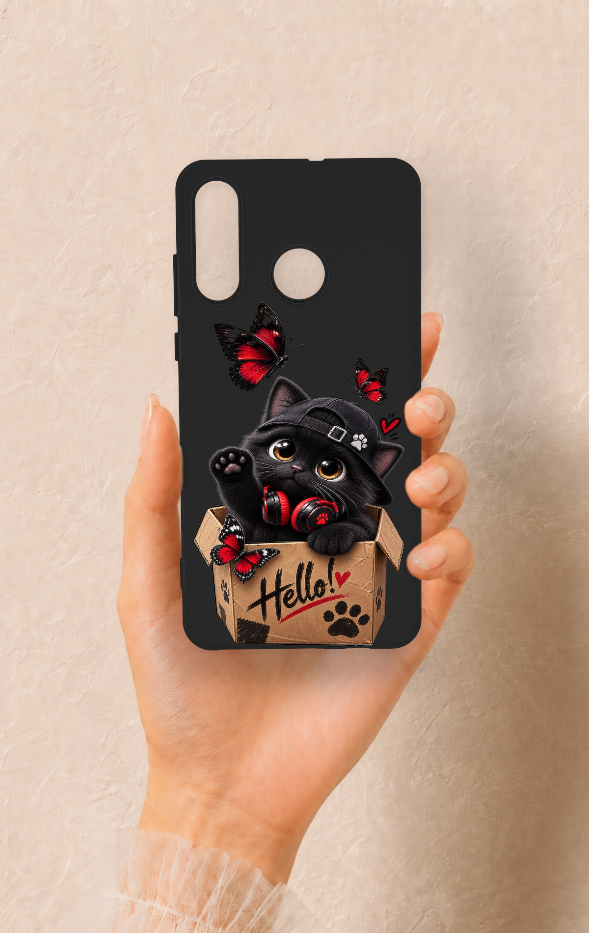 Huawei P30 Lite Uyumlu Hello Cat Desenli Silikon Kılıf