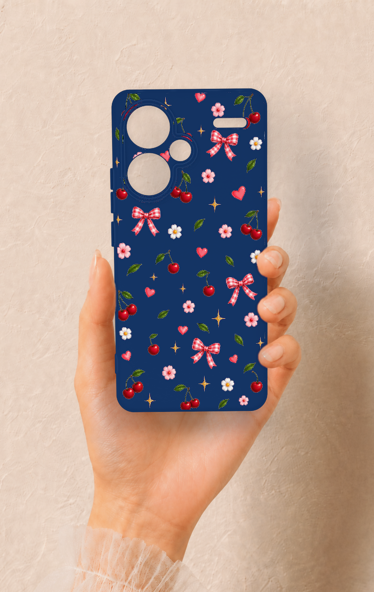 Redmi Note 13 Pro Plus Uyumlu Çiçek Kiraz Fiyonk Desenli Silikon Kılıf