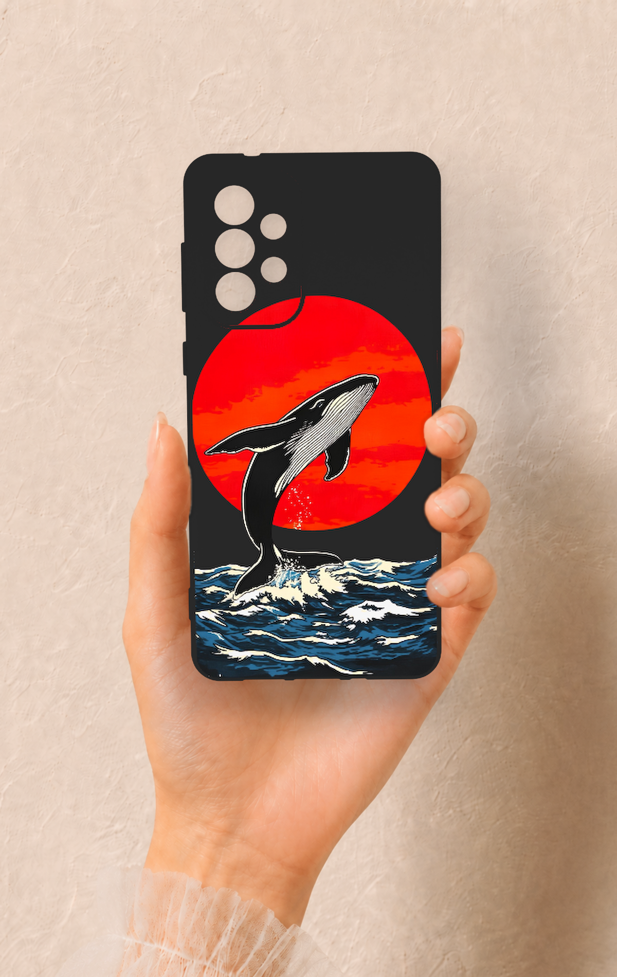Samsung-A73 Uyumlu Kırmızı Güneş Balina Desenli Silikon Kılıf