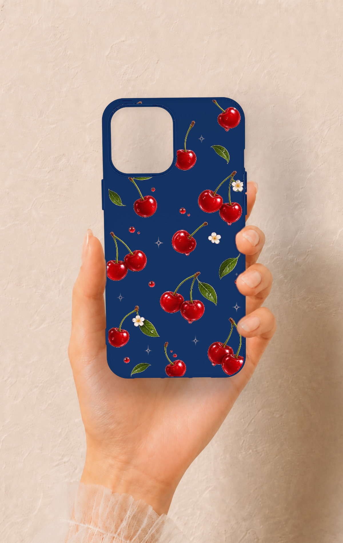 iPhone 12 Pro Max Uyumlu Kiraz Papatya Desenli Silikon Kılıf