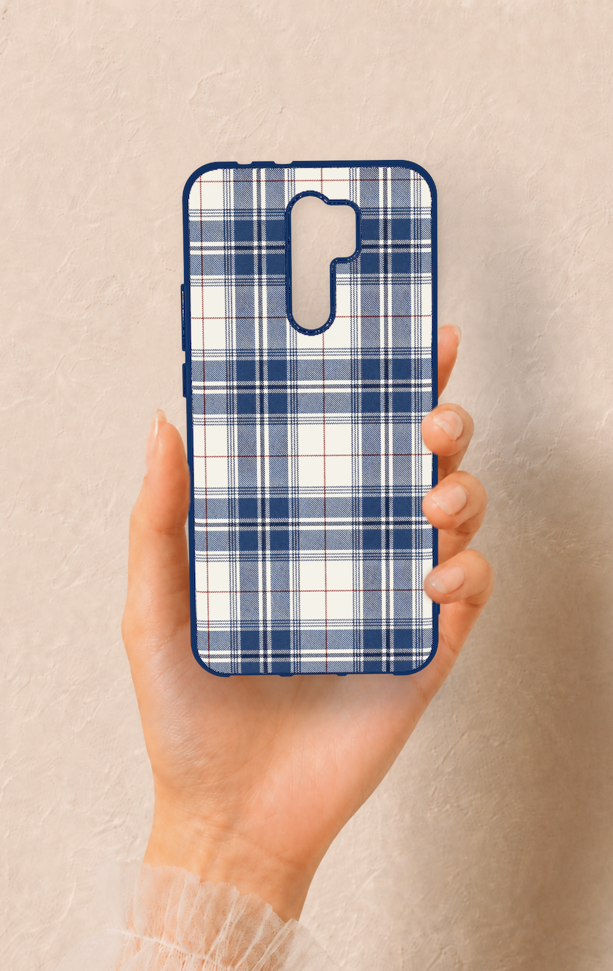 Redmi 9 Uyumlu Bej Lacivert Ekose Desenli Silikon Kılıf