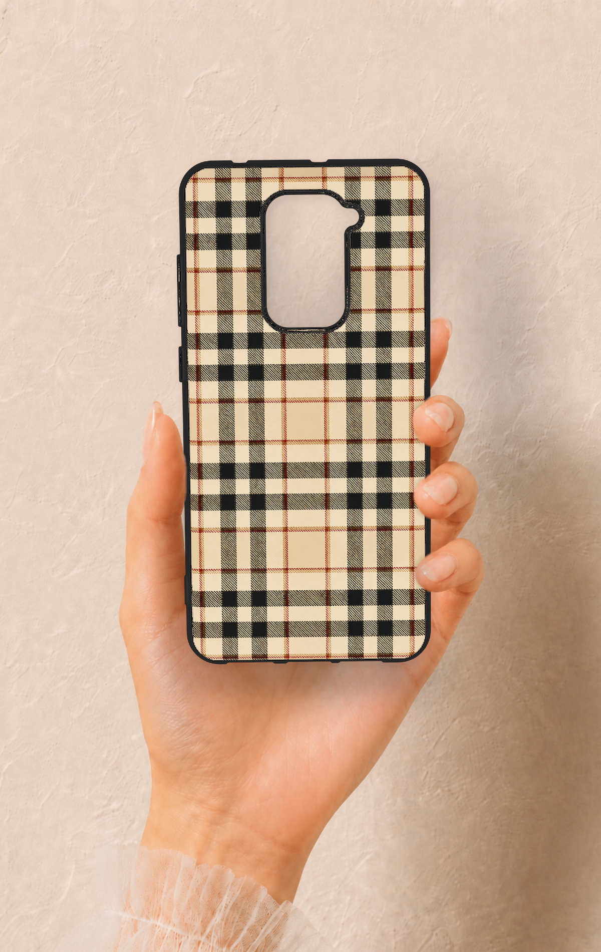 Redmi Note 9 Uyumlu Karamel Siyah Ekose Desenli Silikon Kılıf