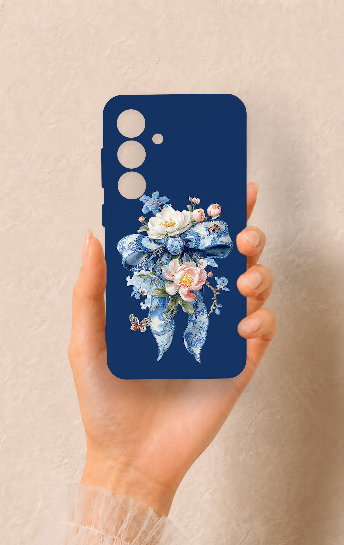 Samsung S24 Uyumlu Mavi Kurdeleli Çiçek Desenli Silikon Kılıf