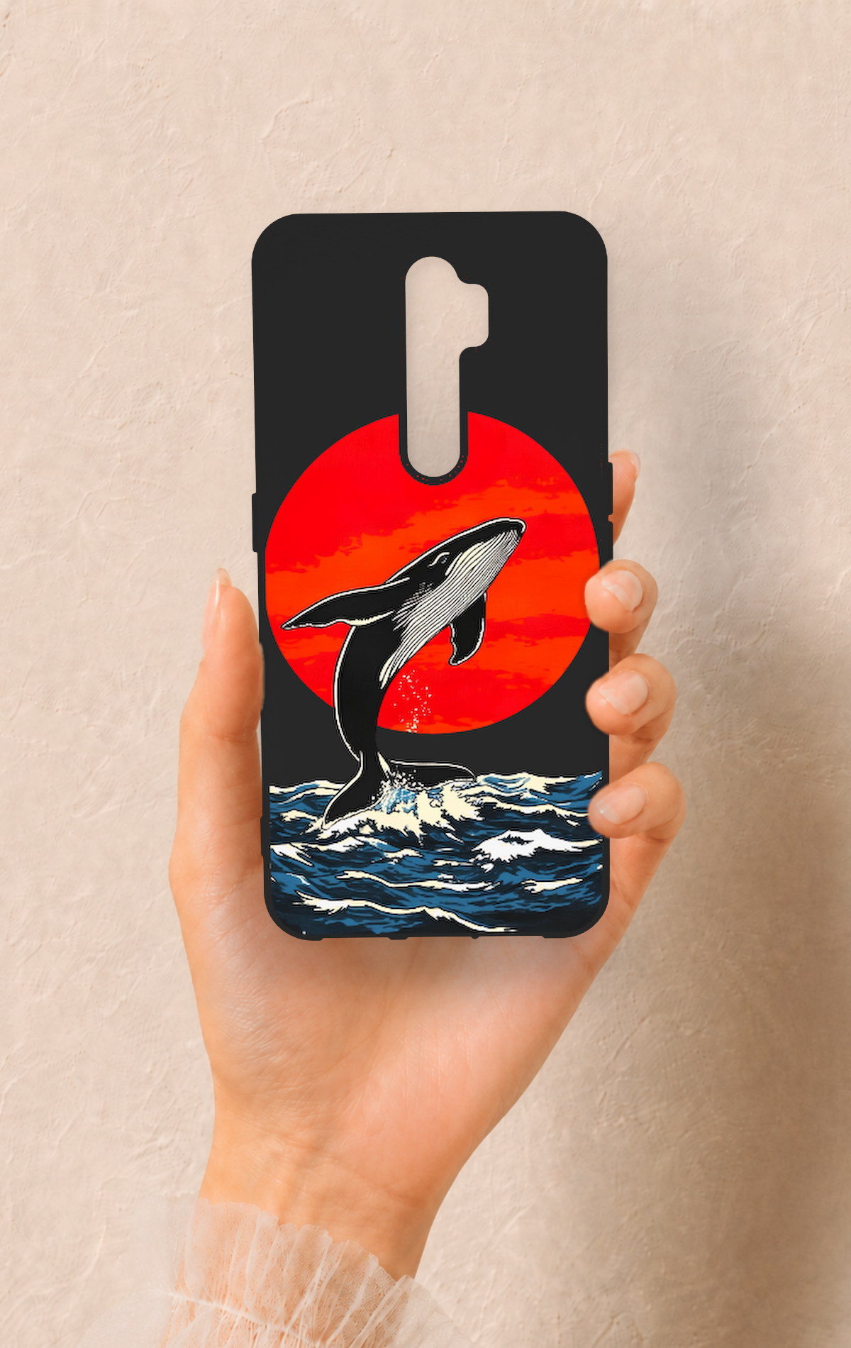 Oppo A9 2020 Uyumlu Kırmızı Güneş Balina Desenli Silikon Kılıf