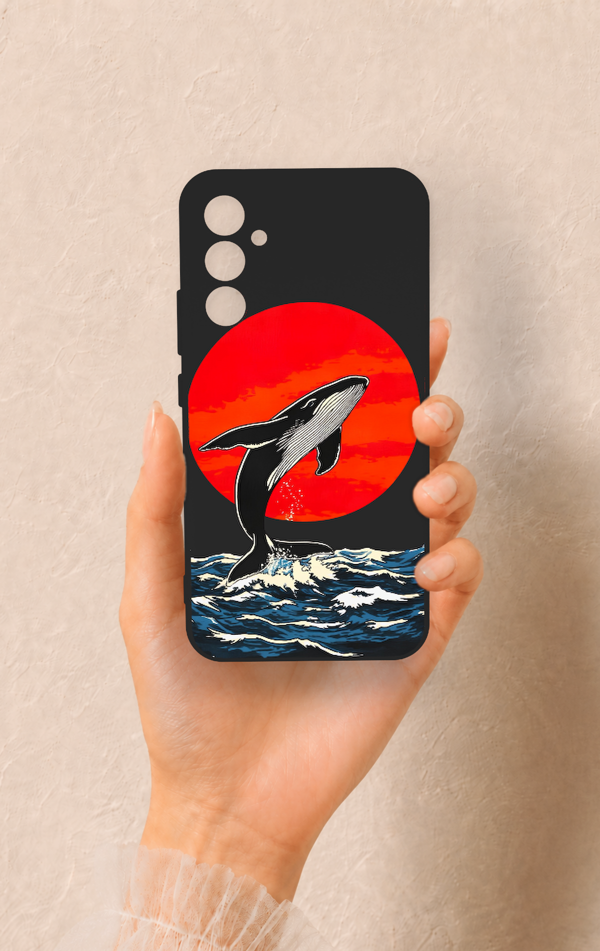 Samsung A34 Uyumlu Kırmızı Güneş Balina Desenli Silikon Kılıf