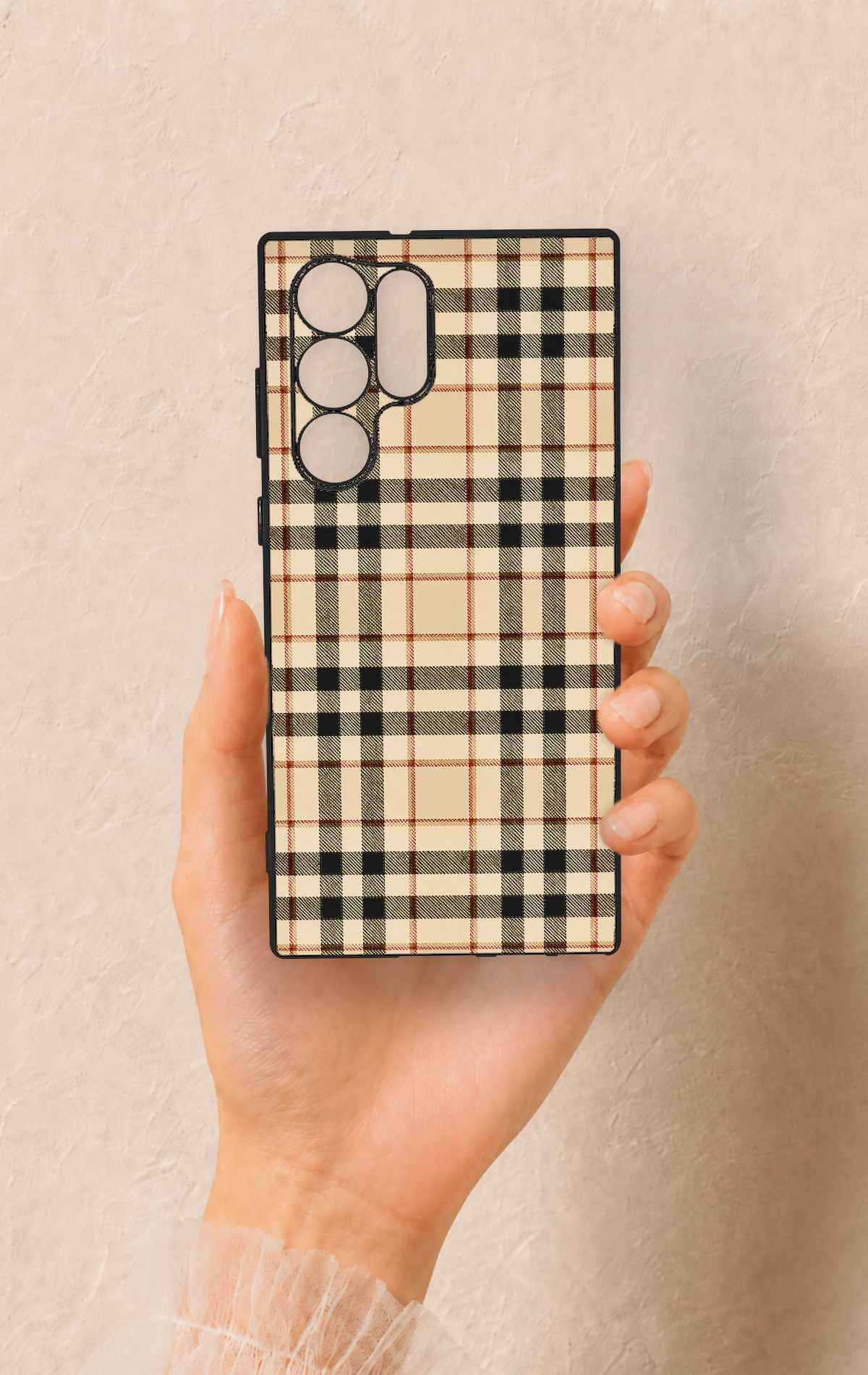 Samsung S22 Ultra Uyumlu Karamel Siyah Ekose Desenli Silikon Kılıf