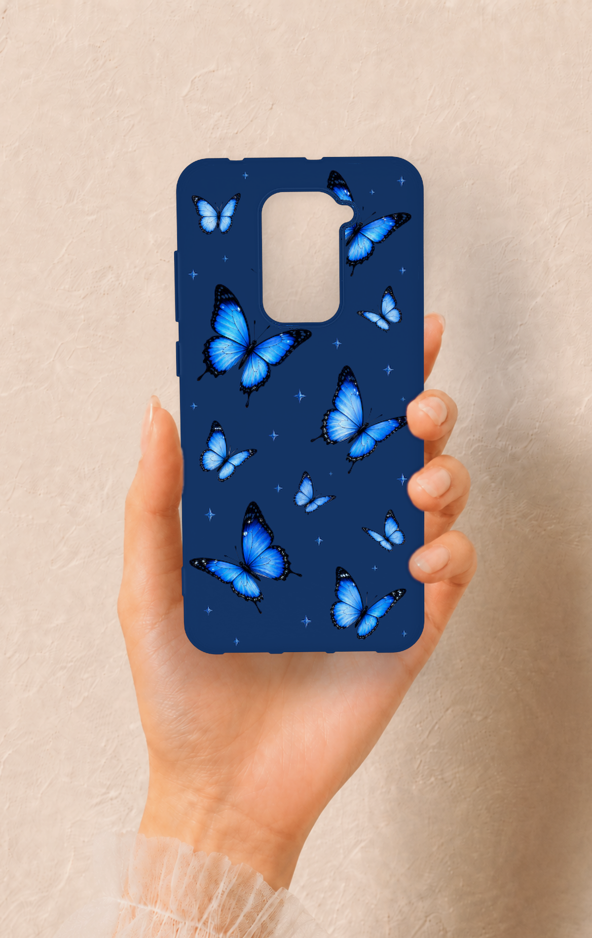 Redmi Note 9 Uyumlu Parlak Mavi Kelebek Desenli Silikon Kılıf