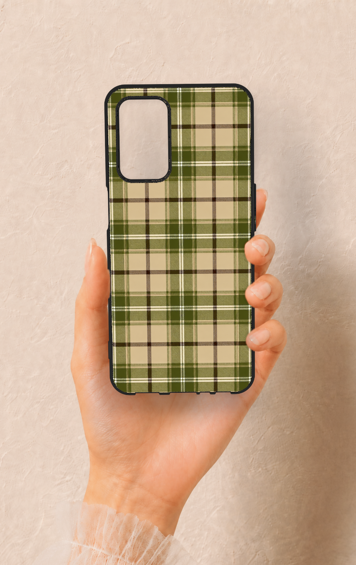 Oppo A55 Uyumlu Zeytin Yeşili Ekose Desenli Silikon Kılıf